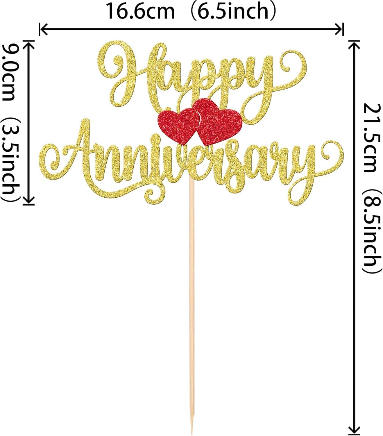SYKYCTCY 1 Pack Happy Anniversary Cake Topper Glitter Heart Wedding Anniversary Cake Pick Wedding Anniversary Cake Decorations Kids Birthday Party Cake Decorations Supplies (Gold) - Gold image number 3