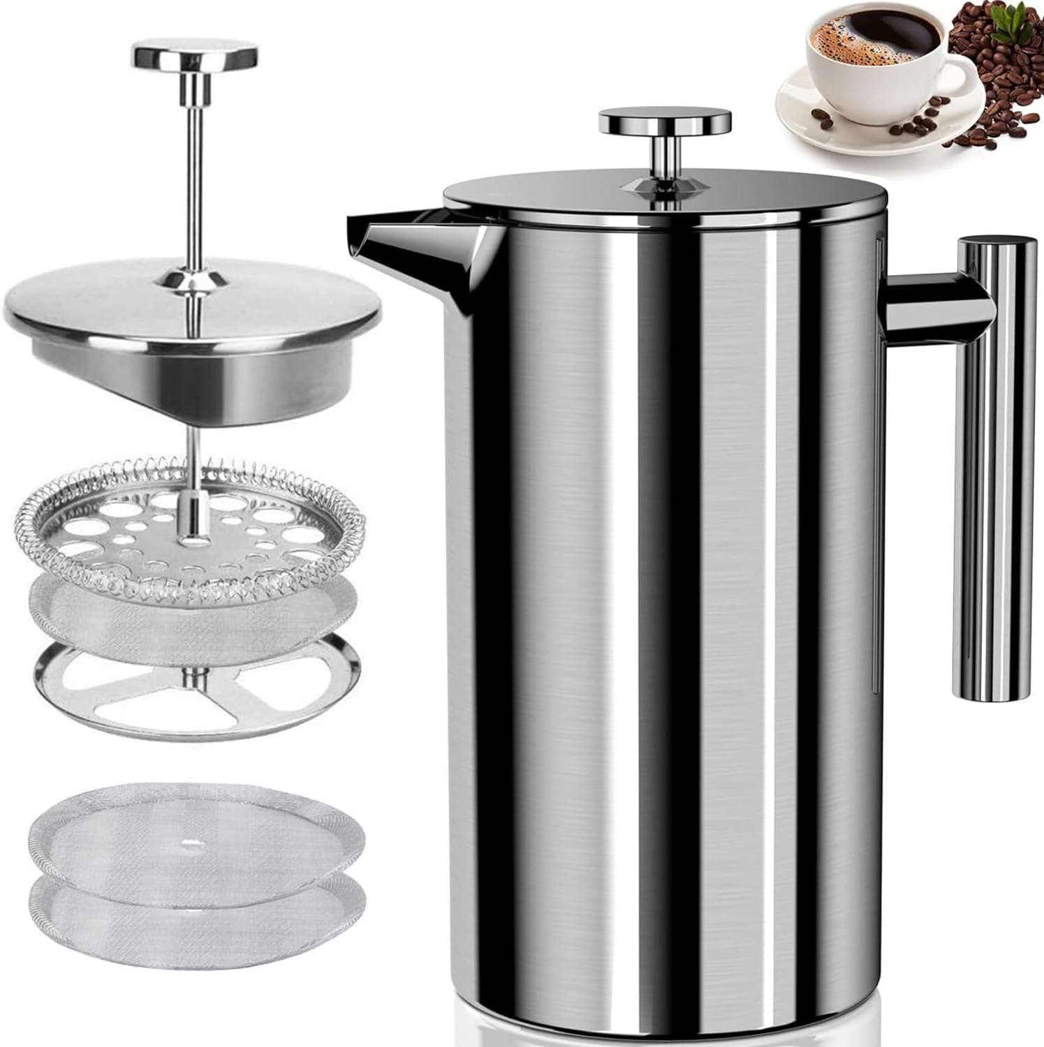 French Press Coffee Maker 8 Cup (1000Ml) &ndash; Premium Stainless Steel Cafetiere with Triple Filter System, Double-Wall Insulation & Cool-Touch Handle &ndash; Easy to Clean, Large Capacity