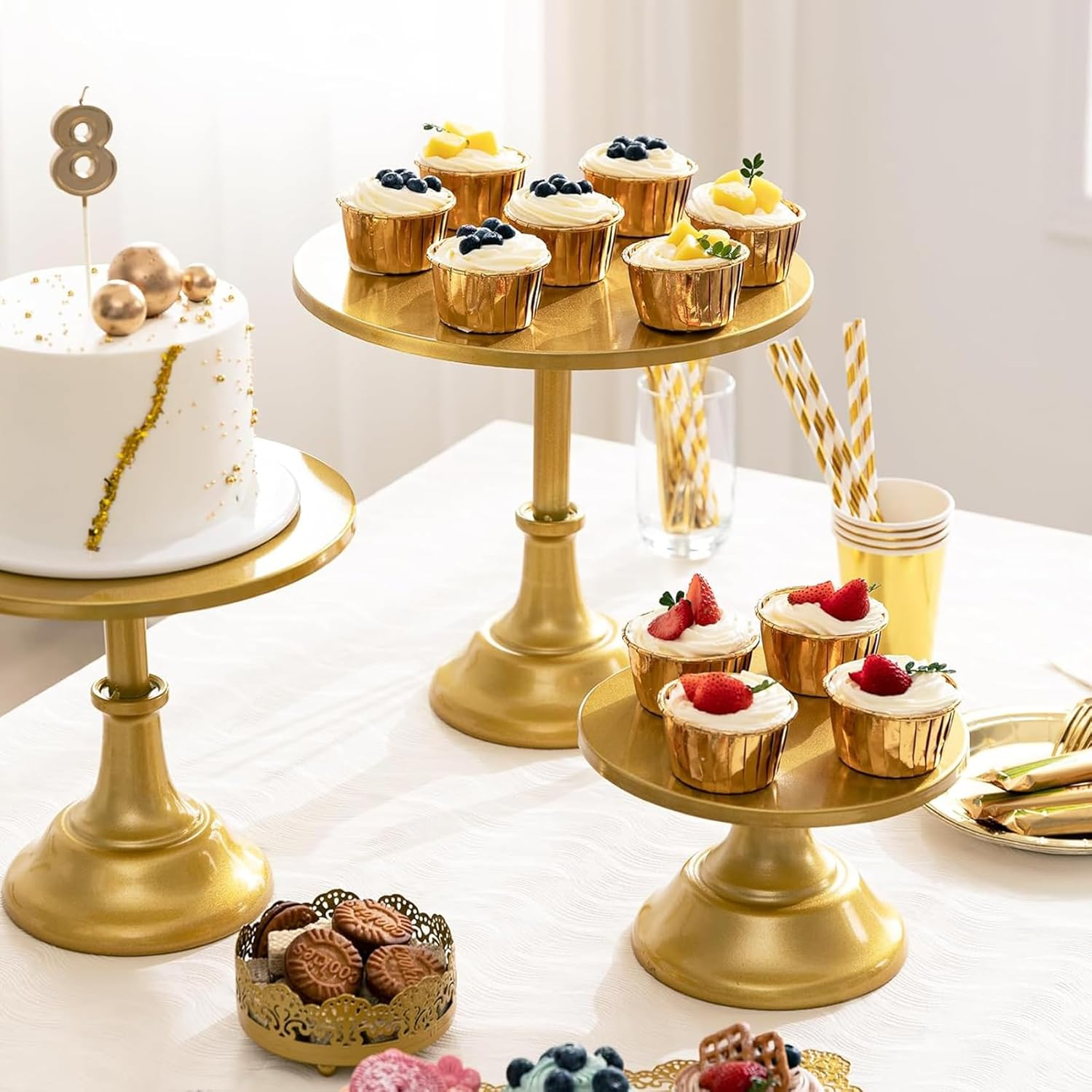 Gold Cake Metal Stands Set, round Cupcake Dessert Table Holder Platter Stand, Cake Display Serving Tower Tray for Baby Shower Wedding Birthday Party Celebration, 3Pcs Diameter 30 25 20Cm image number 1