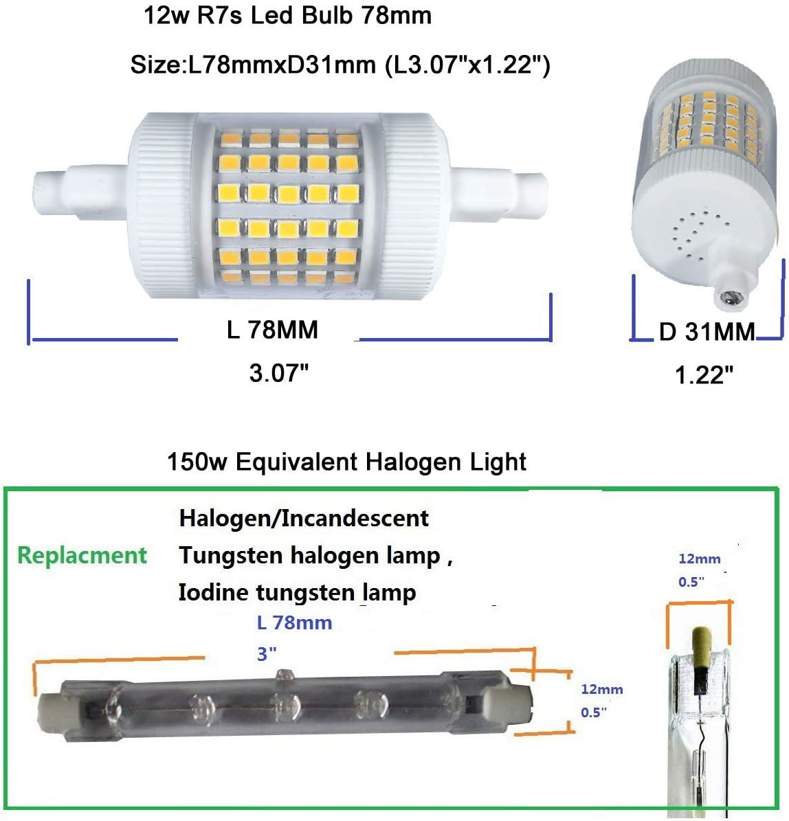 QLEE 12 W R7S LED Lamp 78 Mm 150 W Equivalent Halogen Lamp 3.1 Inch Dimmable Double-Ended J Base T3 R7S 78 Mm LED Lamp 220 V Floodlight Reading Work Safety Floor Lamp Soft Light 2 Pieces image number 4
