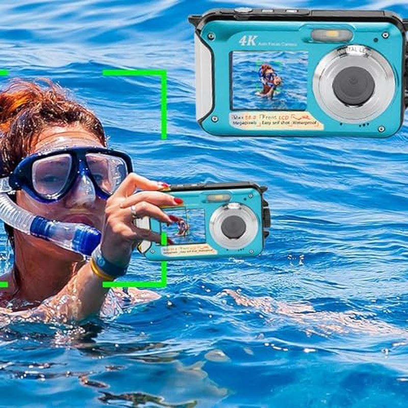 4K 56MP Underwater Camera, 10FT Waterproof Camera Dual-Screen Selfie Camera with 64GB TF Card, Auto Focus, 16X Digital Zoom, for Snorkeling (Blue) - Yellow image number 6