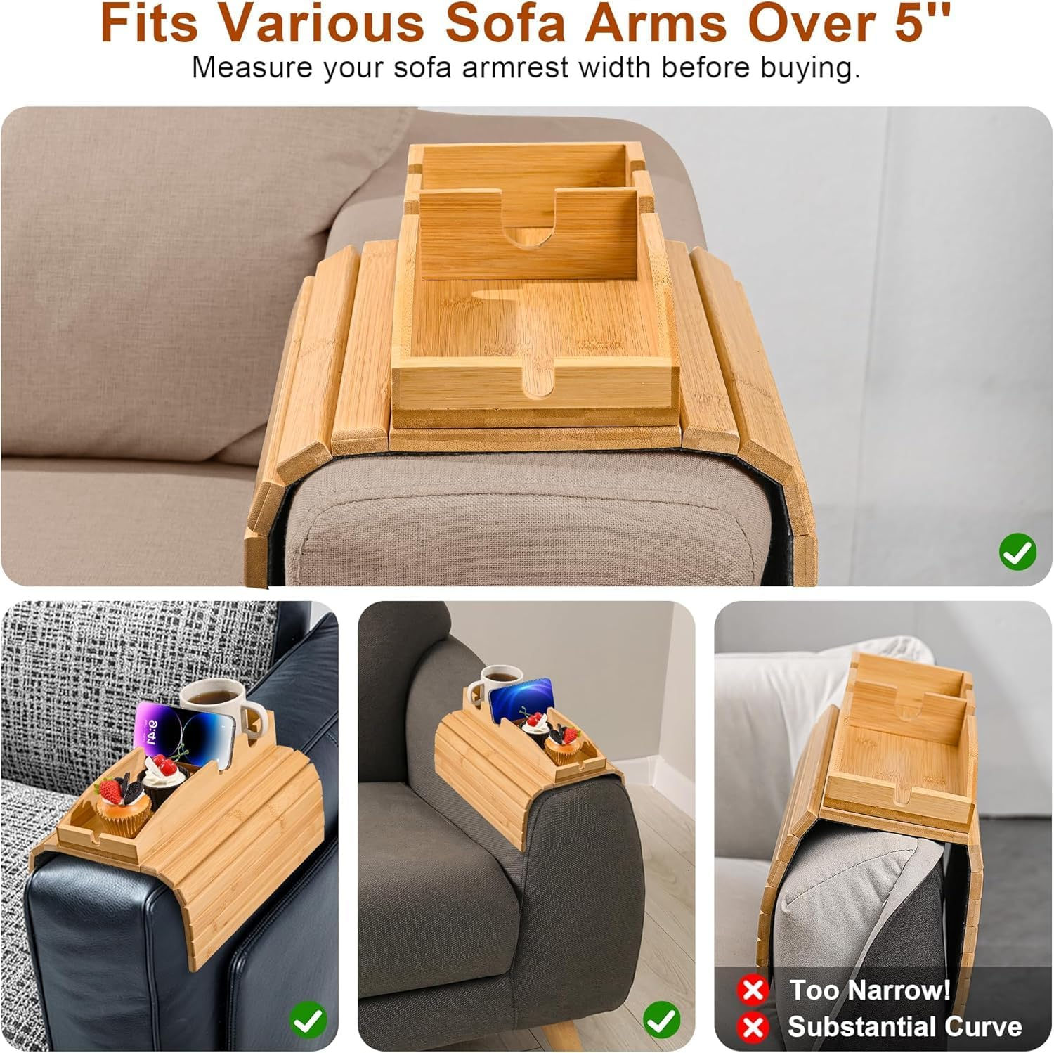 3-In-1 Sofa Armrest Tray &ndash; Detachable Bamboo Couch Cup Holder with Anti-Slip Mat &ndash; Foldable Arm Table for Wide Couches, Perfect for Drinks, Snacks, Cell Phones, and Remotes
