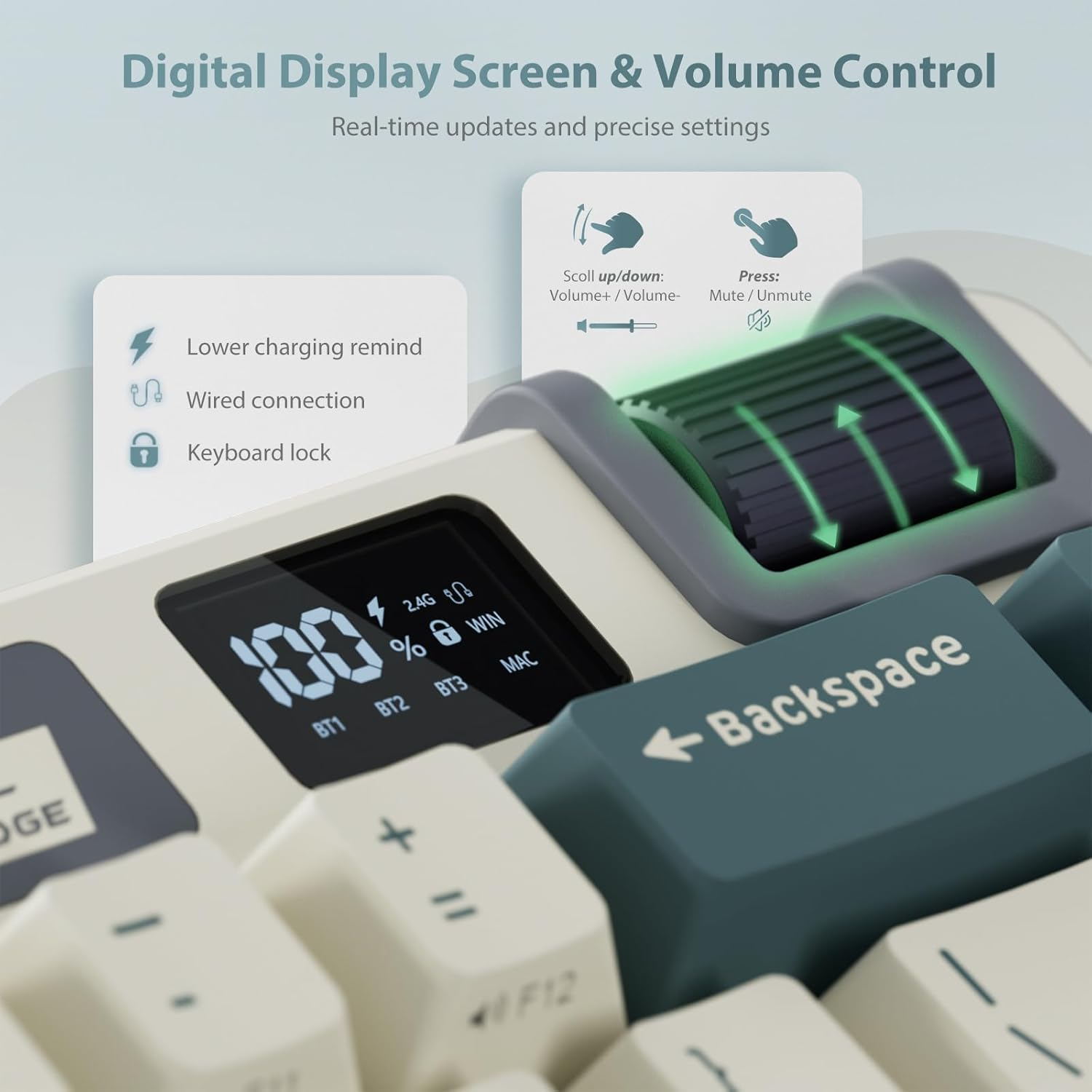 RK ROYAL KLUDGE M70 Mechanical Keyboard 2.4Ghz/Bt5.1/Wired 70 Keys Wireless Gaming Keyboard Gasket Mounted ABS Keycaps Beige Switch Blue image number 3