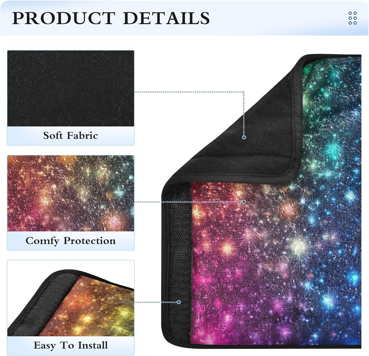 Rainbow Stars Glitter Seat Belt Covers in Soft Polyester Flannel, Adjustable Car Seat Belt Cover, Kids Seatbelt Cushion image number 2