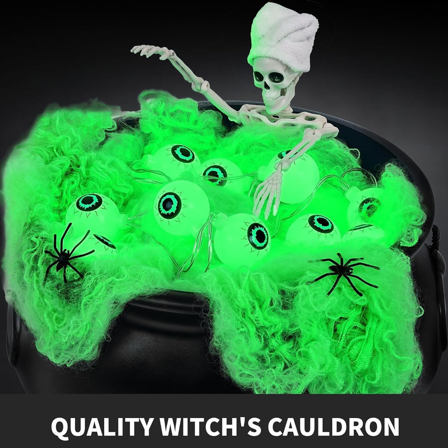 Halloween Decorations Outdoor Witches Cauldron, Large Cauldron on Tripod with String Lights, Skeleton and Eyeballs, Suitable for Halloween Party Indoor Porch Outdoor Lawn Yard Decor image number 4