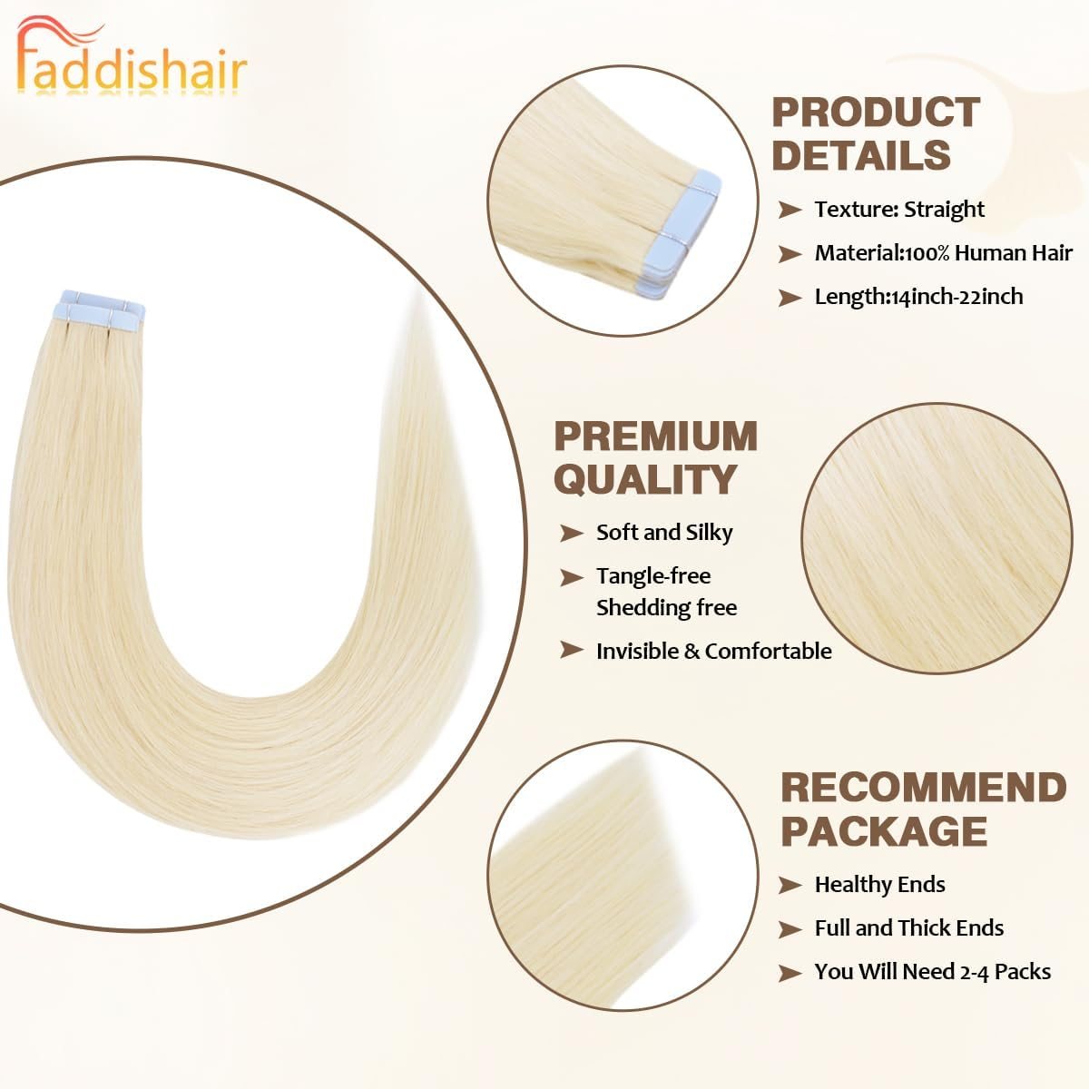 Faddishair Tape in Hair Extensions Human Hair 18 Inch 20Pcs 50Grams Platinum Blonde Remy Human Hair Tape in Extensions Invisible Salon Quality (Platinum Blonde)