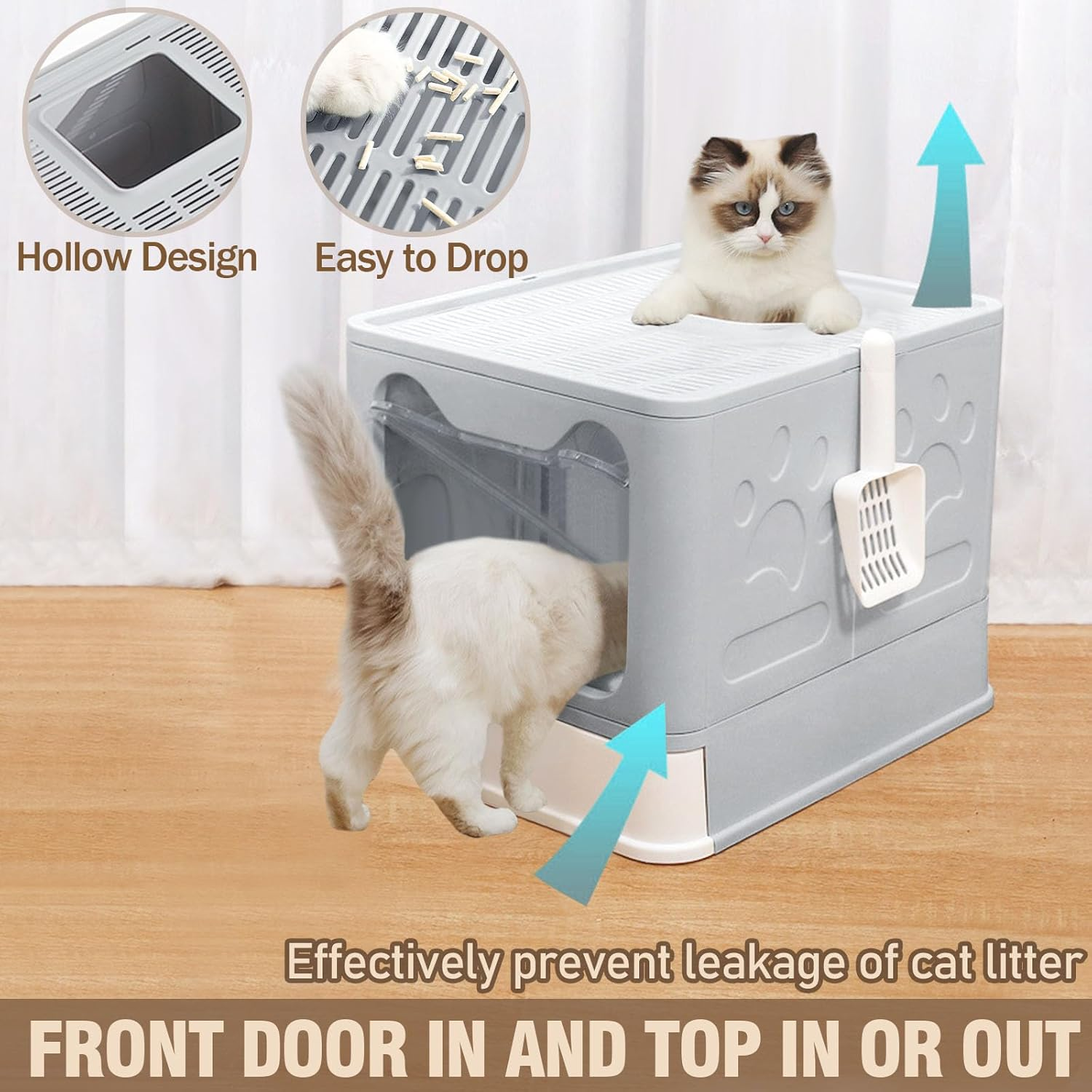 Amibud Stainless Steel Enclosed Cat Litter Box with Lid, Foldable Metal Enclosed XL Top Entry Kitty Litter Pan Tray with Scoop,Easy to Clean(Gray) image number 5