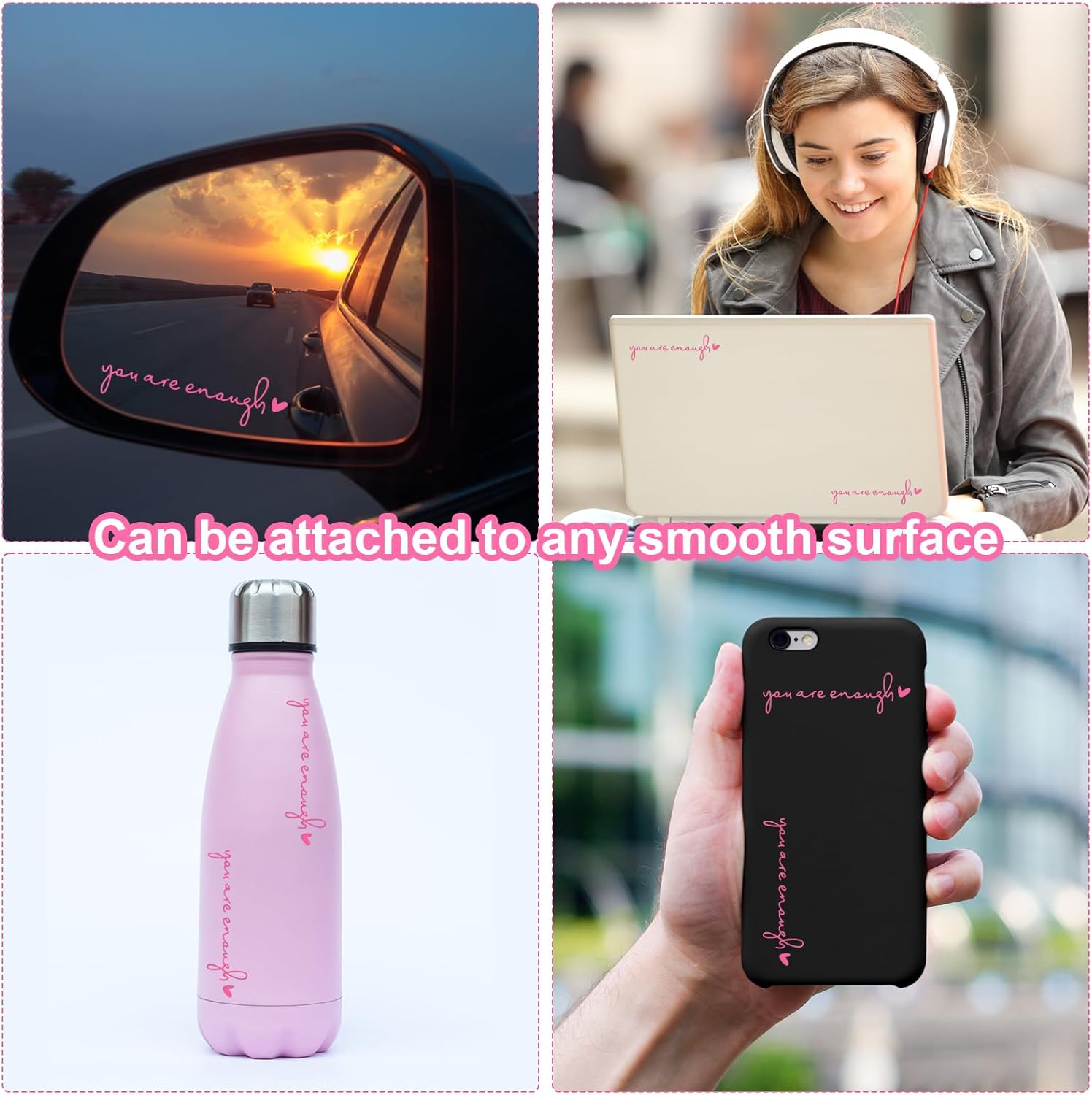 4X You Are Enough Rearview Mirror Decal, Rear View Mirror Sticker, Car Window Decals, Self Affirmations Vanity Mirror Stickers for Women Water Bottle Laptop Bumper Car Accessories Gifts (Pink)