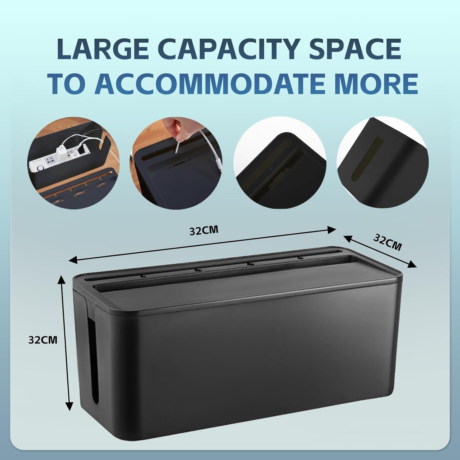 Black Cable Management Box Bundle Complete Set with 10 Cable Ties 5 Thumb Cable Clips - Ideal for Homes, Offices, and Entertainment Setups