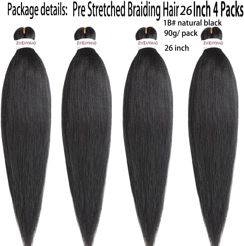 Pre Stretched Braiding Hair Extensions 26 Inch 4 Packs 90G/ Pack Easy Braid EZ Braid Synthetic Fiber Yaki Texture Hot Water Setting Crochet Twist Hair Extensions #1B Natural Black image number 2