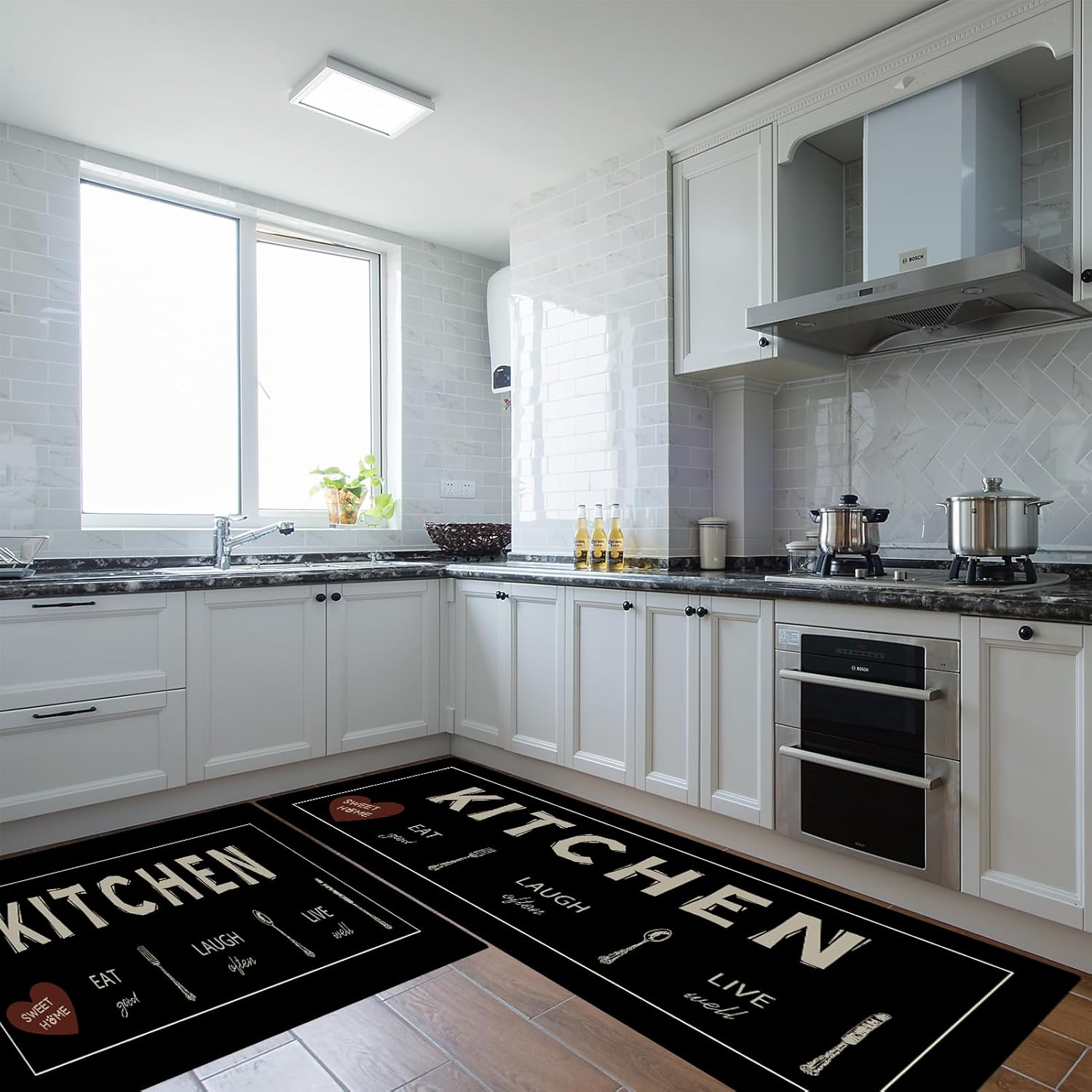 Black Kitchen Rugs Non Slip Washable Kitchen Floor Mats for in Front of Sink Floor Mat for Kitchen, Laundry Room, 50Cm X 80Cm + 50Cm X 120Cm (Black, 50Cm X 80Cm + 50Cm X 120Cm) image number 6