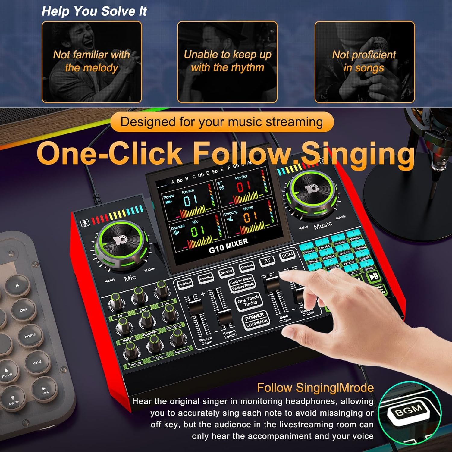 Tenlamp G10 Gaming Audio Mixer, Audio Interface with 3.5Mm/Xlr Microphone Input, 48V Phantom Power, Voice Changer Live Sound Card for Streaming, Podcasting, Recording, and Singing Content Creation