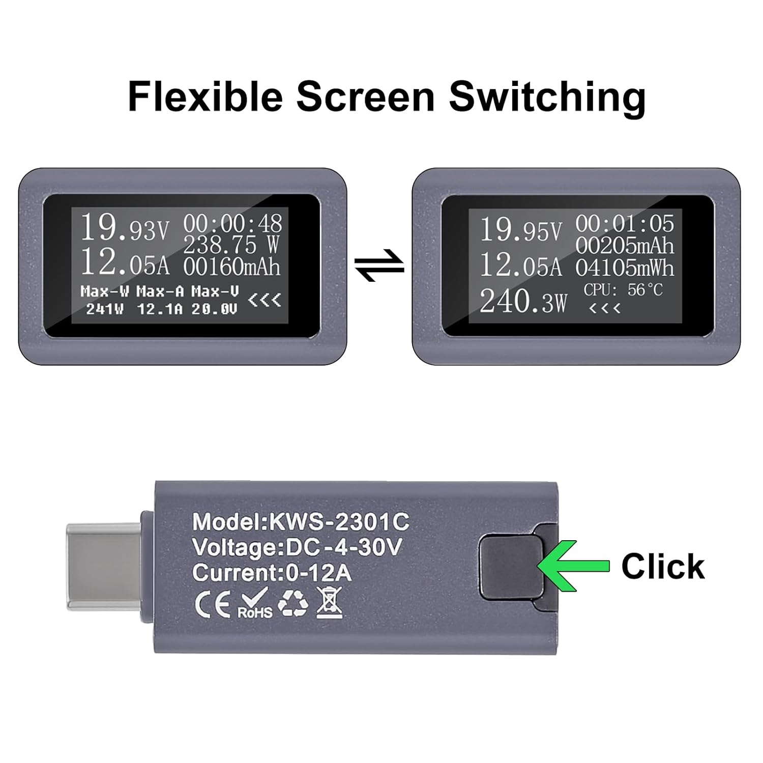 QCCAN Type-C Tester Power Meter, 4-30V 0-12A Digital Multimeter, OLED Large Screen Type-C Interface Voltage and Current Tester Meter, Tester for Charger Power Bank Capacity Detector image number 5