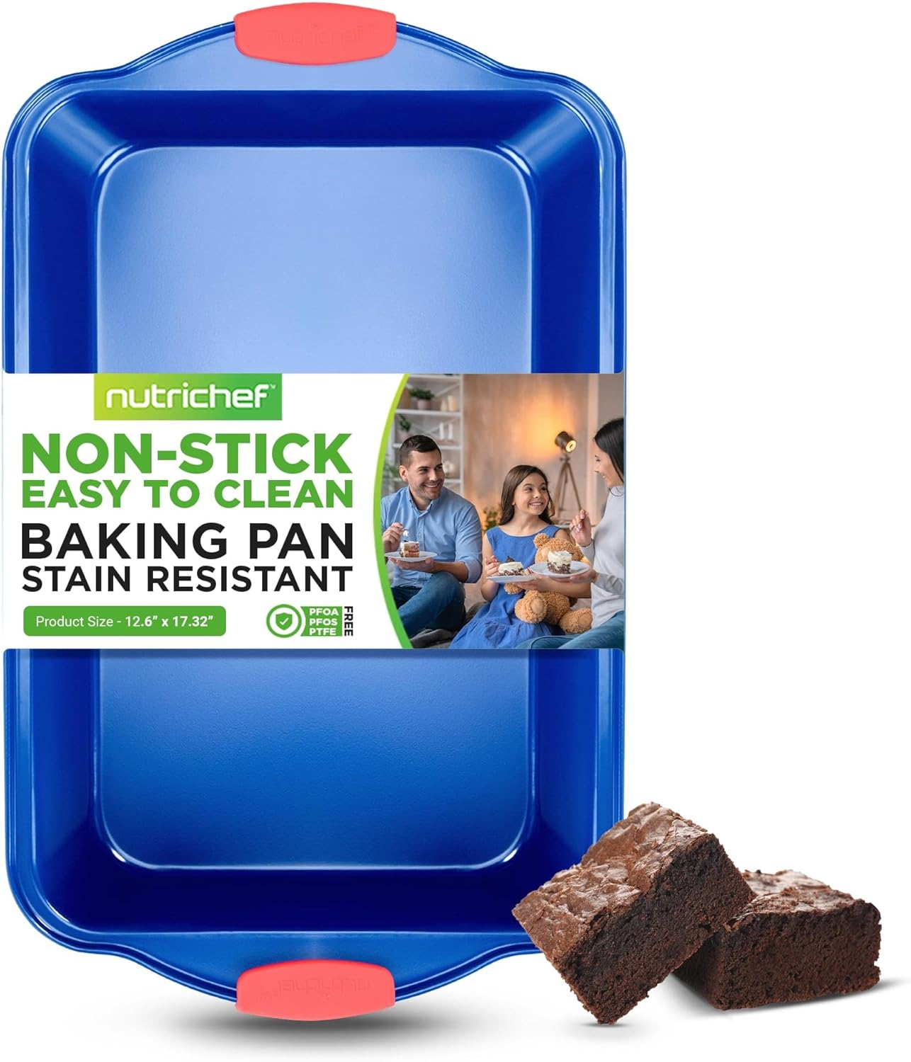 Nutrichef Extra Large Nonstick Baking Pan - Carbon Steel Roasting Tray W/Red Silicone Handles - Premium Bakeware for Brownies, Sheet Cake, & More - 17" X 12", Black