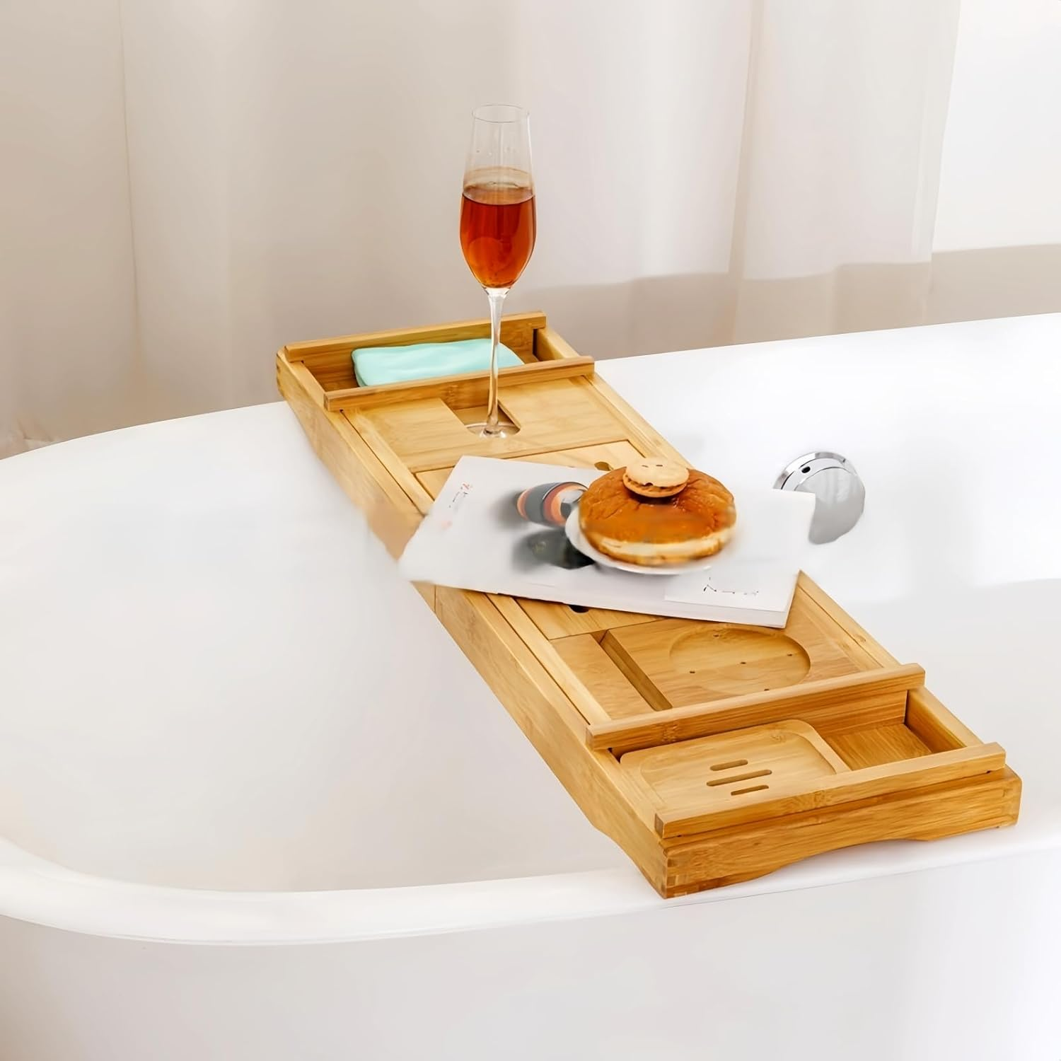 Oksoar Bathtub Tray, Premium Bamboo Luxurious Spa Set for Women: Unique Expandable Bath Sets, and Relaxing Bath Accessories - Perfect Housewarming and Couples Gifts image number 1
