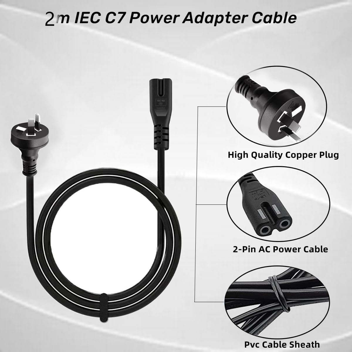 Figure 8 Power Cord 2M,Figure 8 Power Supply Cord,2 Pin Core Figure 8 IEC-C7 AC Power Cable Lead AU Plug for PC Monitor,Dvd,Printer,Samsung Philips LG Sony Tv,Ps5,Ps4,Ps3,Xbox Consoles,Camera,Hp Envy