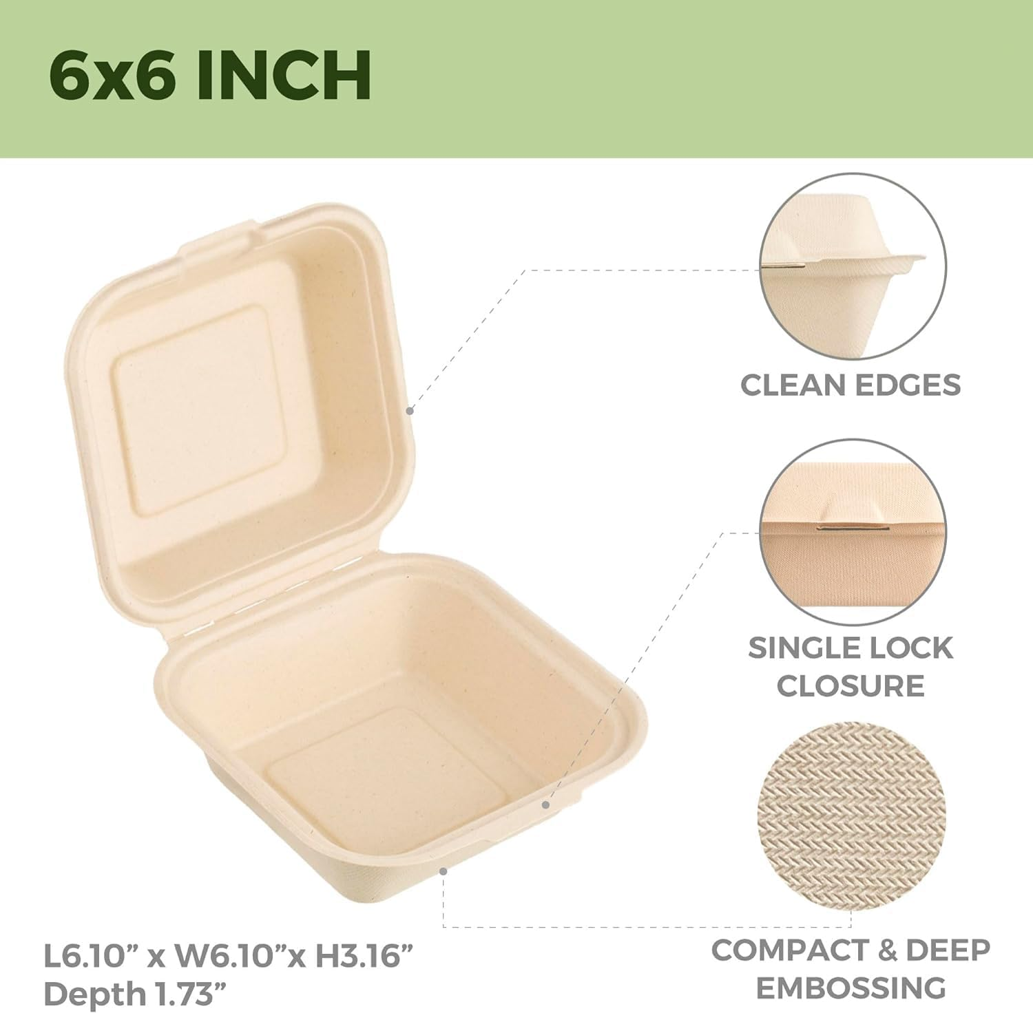 Clamshell Take Out Food Containers with Oil Paper, 6X6" 50-Pack Heavy-Duty Quality to Go Containers, Natural Disposable Bagasse, Eco-Friendly Biodegradable Made of Sugar Cane Fibers image number 1