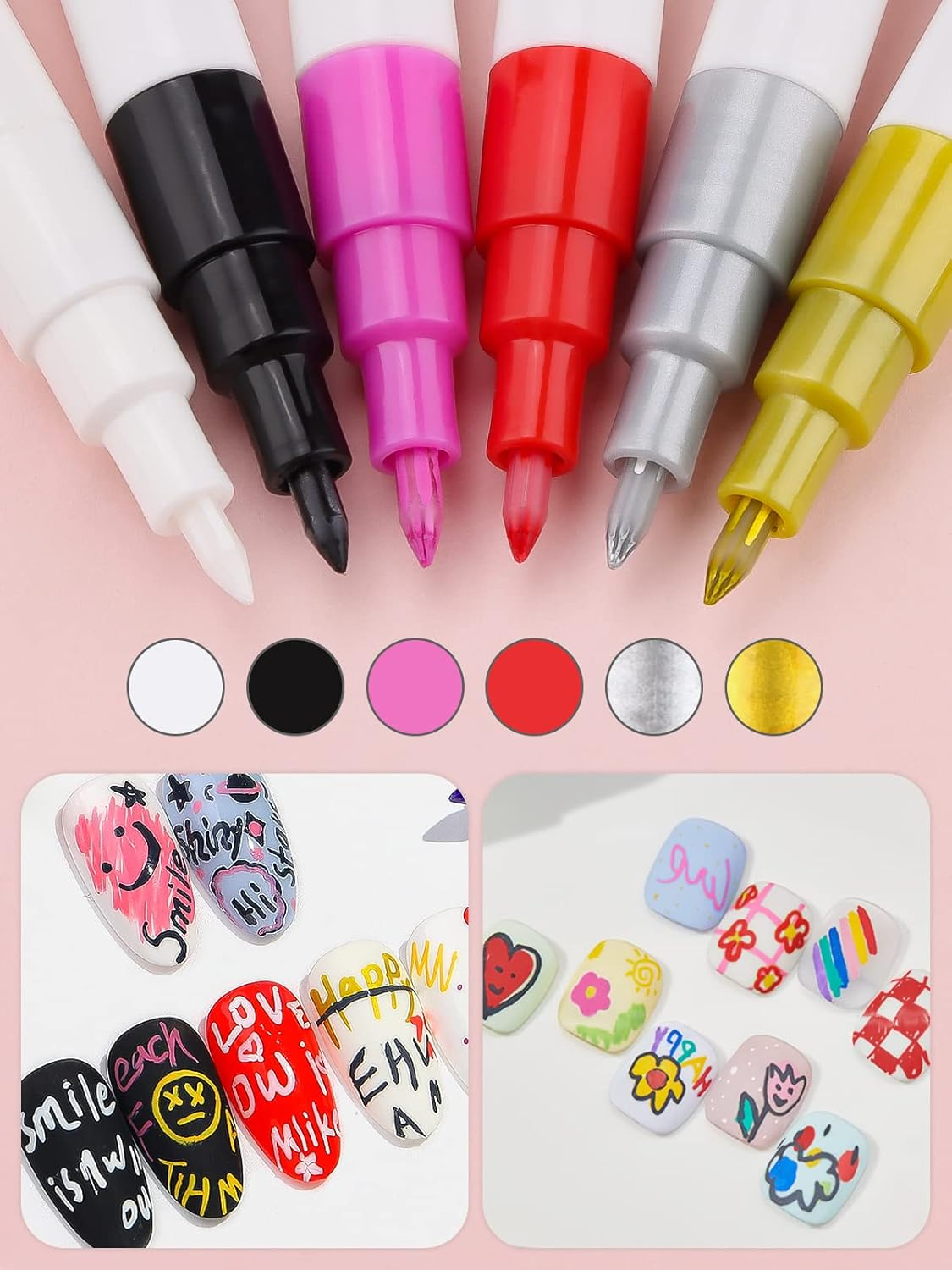 6 Color 3D Nail Art Pens Set, Kalolary Nail Point Graffiti Dotting Pen Drawing Painting Liner Brush for DIY Nail Art Beauty Adorn Manicure Tools (A)