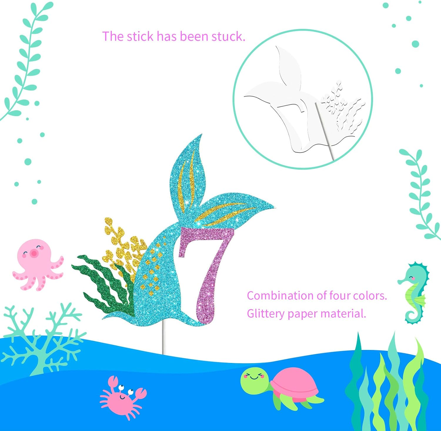 Mermaid Seven Cake Topper, Happy 7Th Birthday Cake Decor, I'M Seven Sign, Little Mermaid Birthday Party Decoration Supplies, Daughter of the Sea, under the Sea Themed, Ocean Themed - Glitter image number 4
