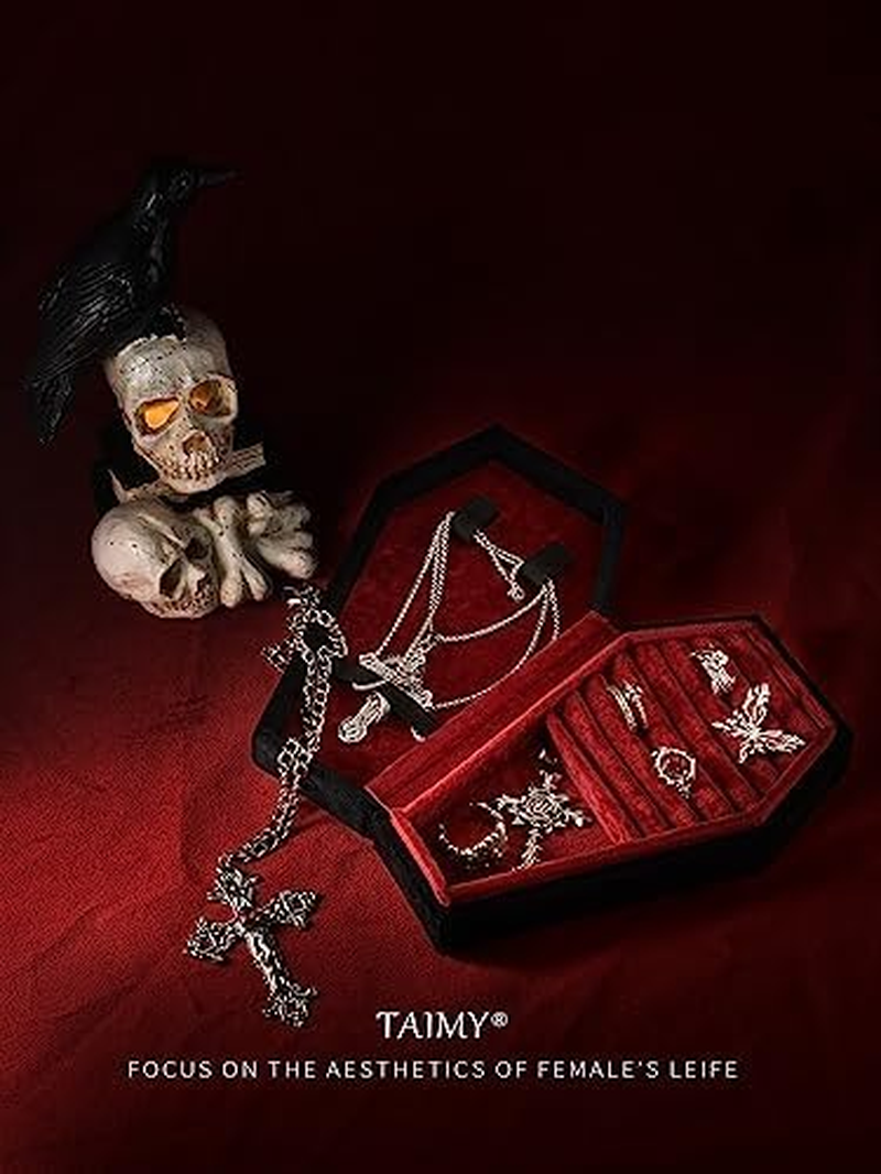 TAIMY Coffin Jewelry Box, Mini Coffin Shaped Gothic Jewelry Case, Plush Velvet Small Jewelry Organizer for Earrings Rings Necklaces Bracelets - Mini Coffin-B image number 2