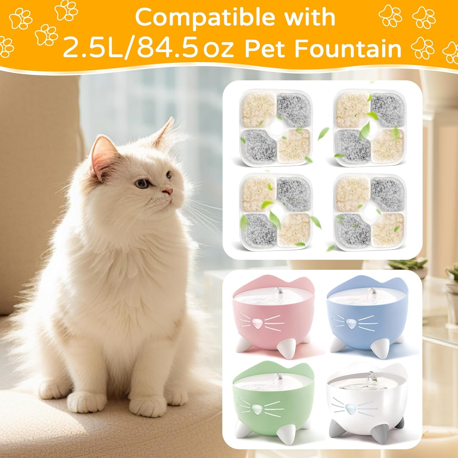 Pack of 24 Cat Fountain Filters, Replacement Filter 2.5 L Drinking Fountain for Cat Filter, Three-Layer Filtration System, Cat Drinking Fountain Filter with Resin Activated Carbon image number 5