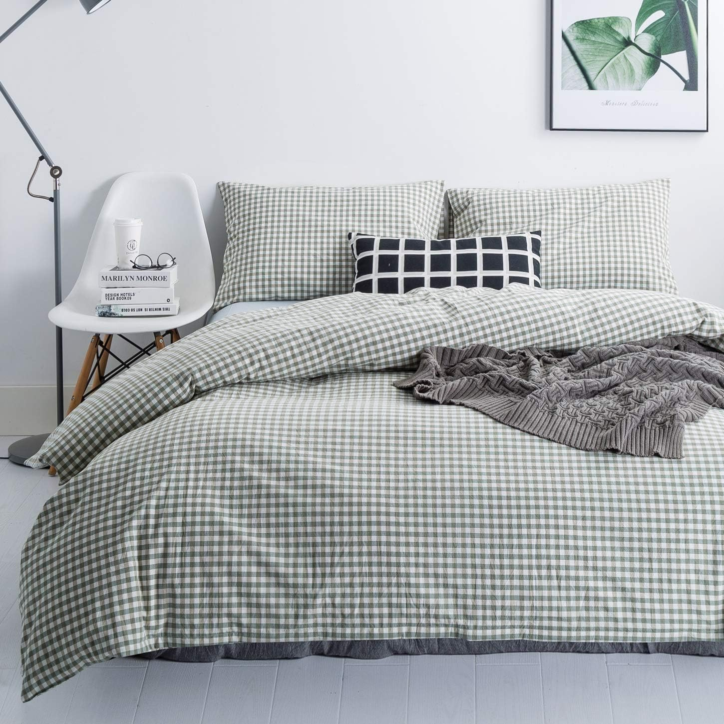 (Queen, Style 5) - SUSYBAO 100% Natural Washed Cotton 3 Pieces Duvet Cover Set (Queen/Full) 1 Duvet Cover 2 Pillowcases Luxury Quality Soft Breathable Hypoallergenic Green Gingham Plaid Pattern with Zipper Ties image number 2