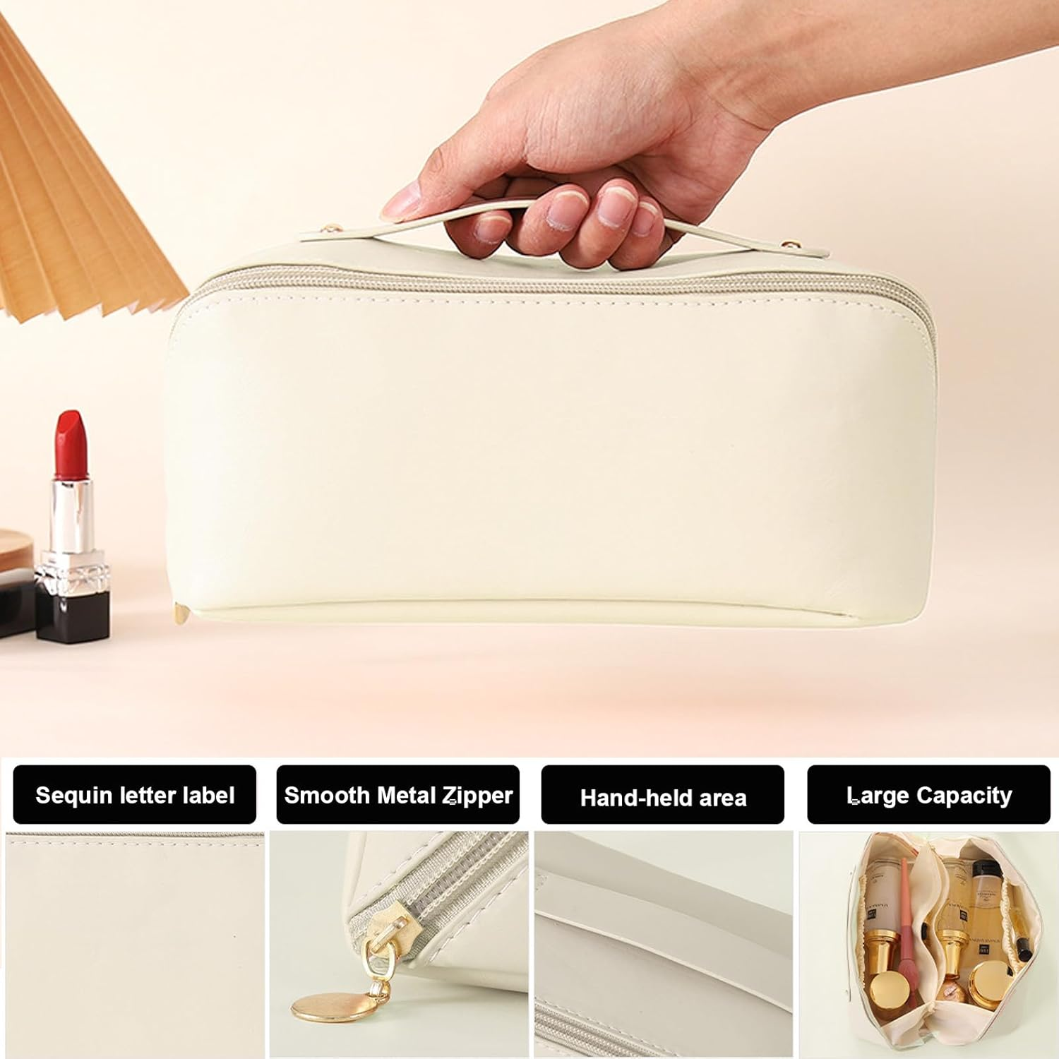 Cosmetic Bag, Extra Large Waterproof Makeup Organizer, High-Quality PU Travel Toiletry Bag for Women, Spacious Multi-Compartment Storage Pouch for Cosmetics, Skincare, Brushes, and Essentials (White) image number 6