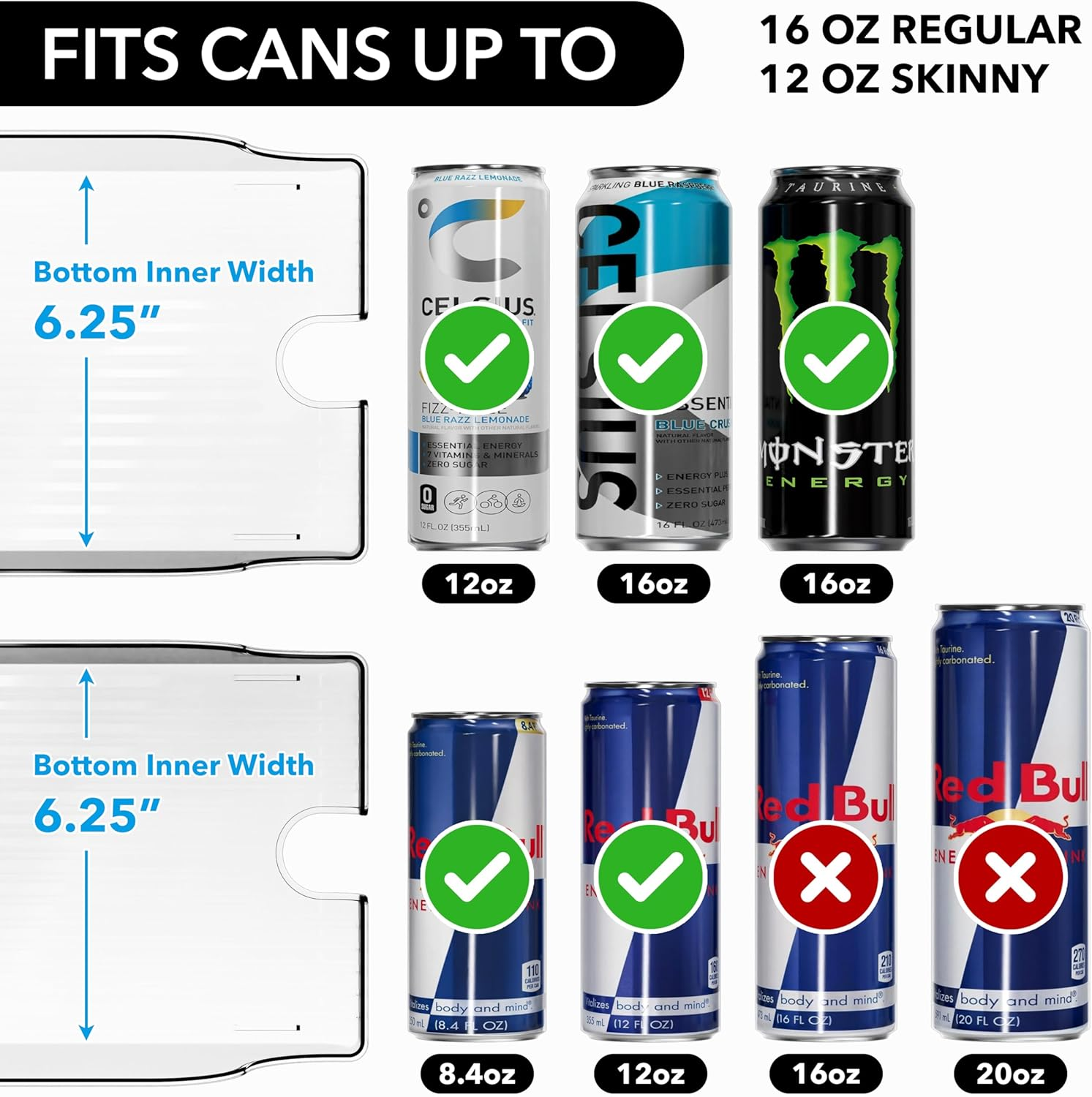 Simple Houseware Tall Skinny Can Organiser Dispenser Compatible with 500Ml / 16Oz Energy Drink for Refrigerator or Pantry, Clear, Set of 2 image number 6