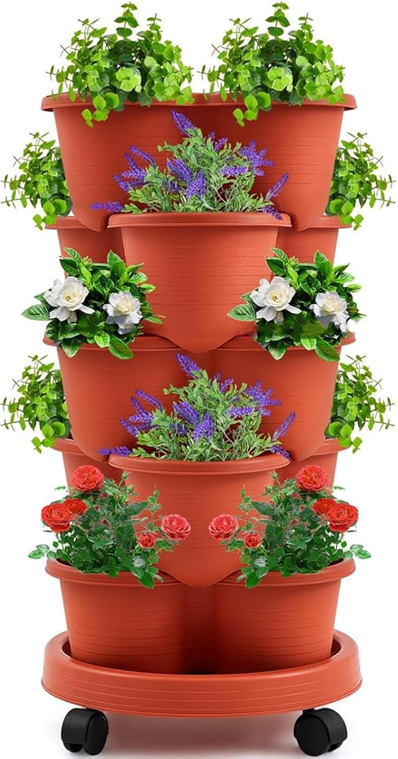 5-Tier Stackable Vertical Garden Planter with Wheels, Self-Watering Design for Strawberries, Herbs, Flowers, and Vegetables &ndash; Brick Red