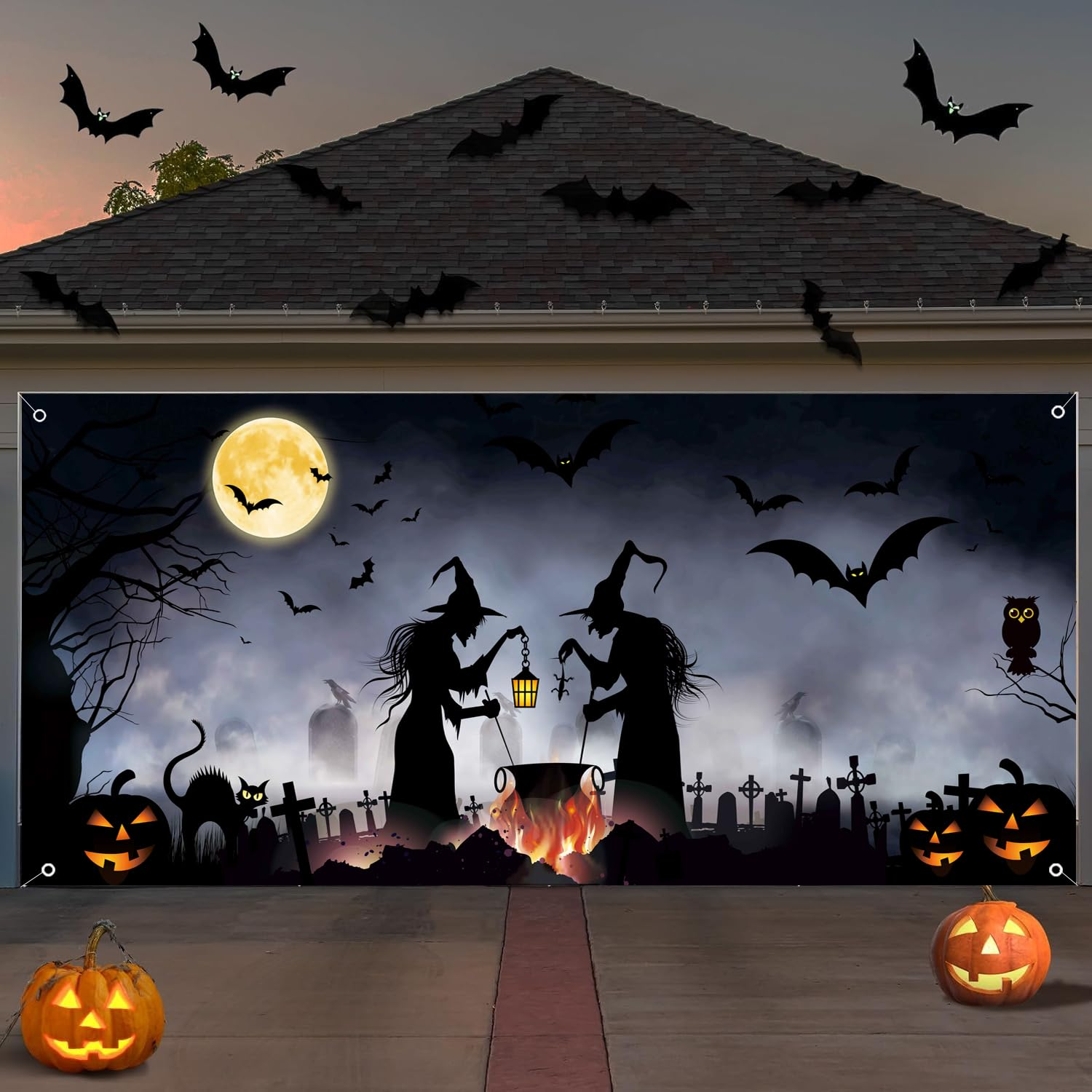 Kovewon Halloween Garage Door Decorations Cover 7 X 16 Ft Halloween Garage Door Banner Halloween Backdrop Background for Photo Party Halloween Wall Decorations Indoor Outdoor image number 5