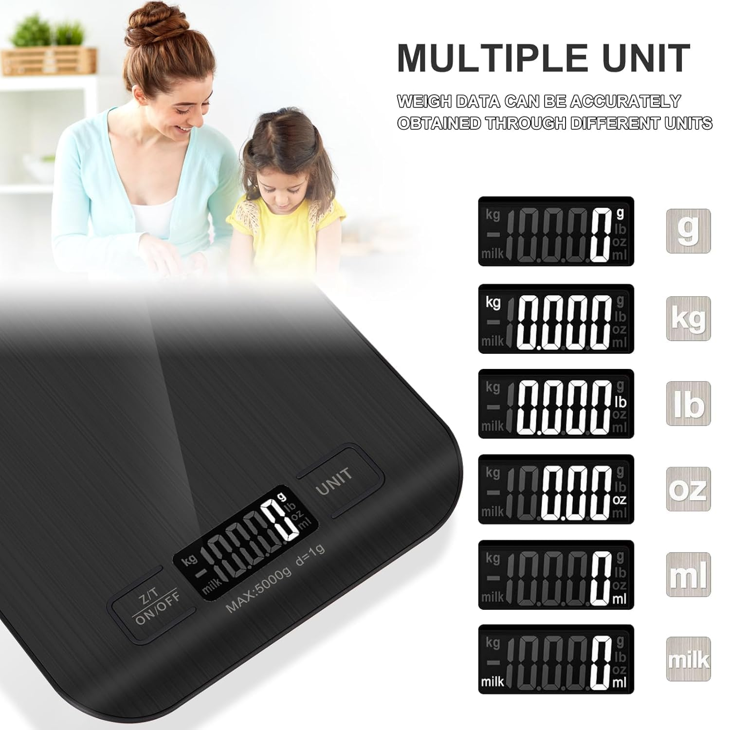 Kitchen Scale, 5 Kg Electronic Cooking Scale with Battery, Stylish Ultra-Thin Food Scale, 5 Units with Tare Function, Touch Buttons, Backlit LCD Display(Black). image number 1