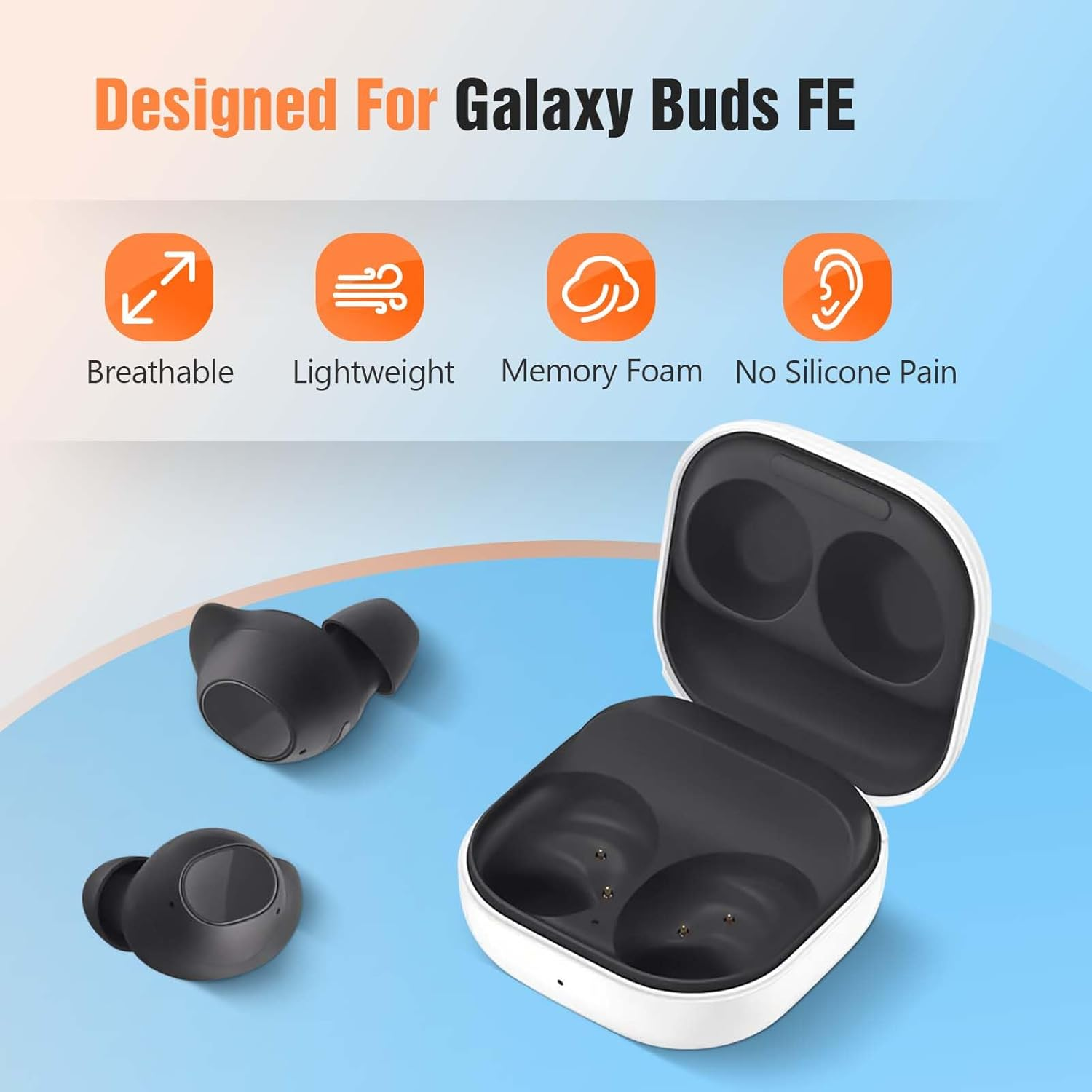 Memory Foam Tips for Samsung Galaxy Buds FE, No Silicone Eartips Pain, Anti-Slip Replacement Ear Tips, Fit in the Charging Case, Reducing Noise Earbuds, 3 Pairs (Assorted Sizes S/M/L, Black) image number 3