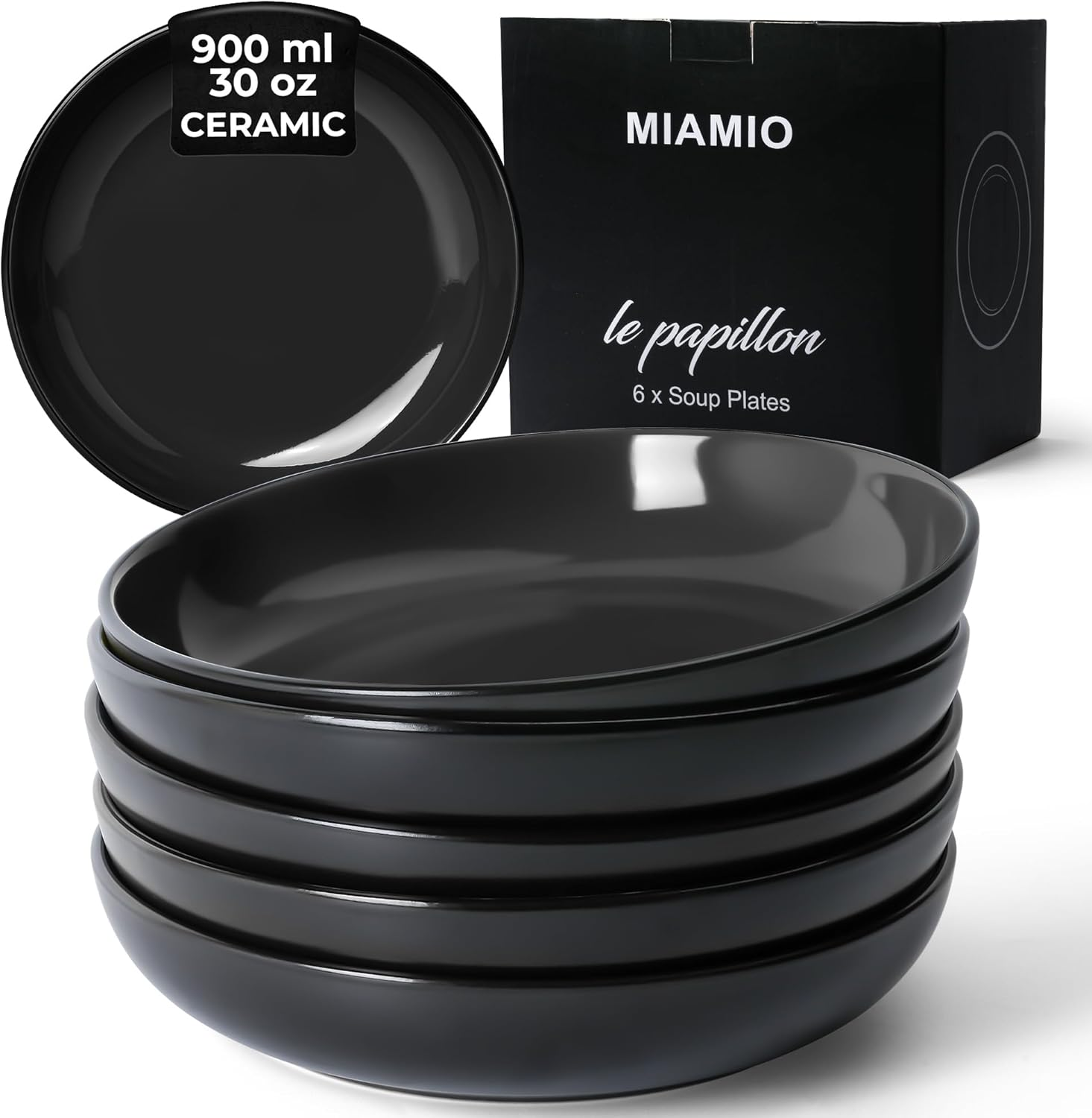 MIAMIO &ndash; 890 Ml Set of 6 Pasta Bowls/Salad Bowls, Pasta Plates Wide and Shallow Bowl, Large Ceramic Stoneware Deep Plate Serving Soup, Microwave and Dishwasher Safe - Le Papillon Collection (Black)