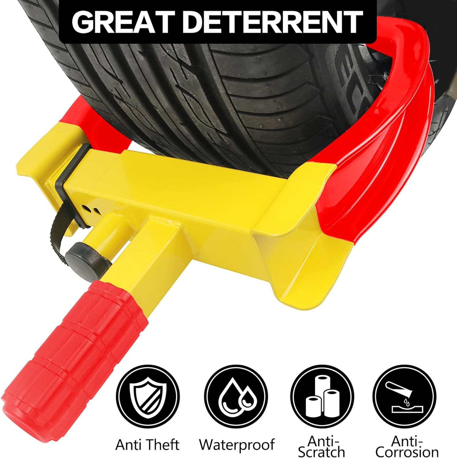KAYCENTOP Wheel Clamp Lock Tire Lock anti Theft Lock Fit Most Vehicles Max 10" Tire Width and 7" Reach for Trailers SUV Boats Atvs Motorcycles Golf Cart Great Deterrent Bright Yellow/Red image number 3