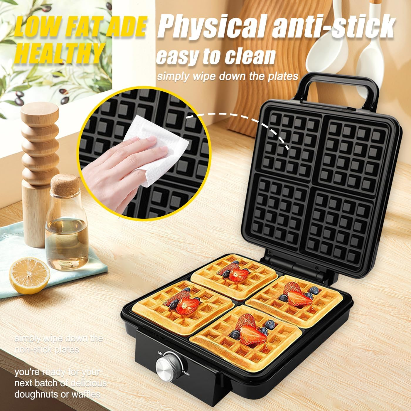 4 Slices Waffle Maker Machine, 1500W Household Electric Waffle Makers & Irons Iron with Temperature Control, Double-Sided Heating, Easy Clean, for Breakfast, Hash Browns, Best Gift image number 3