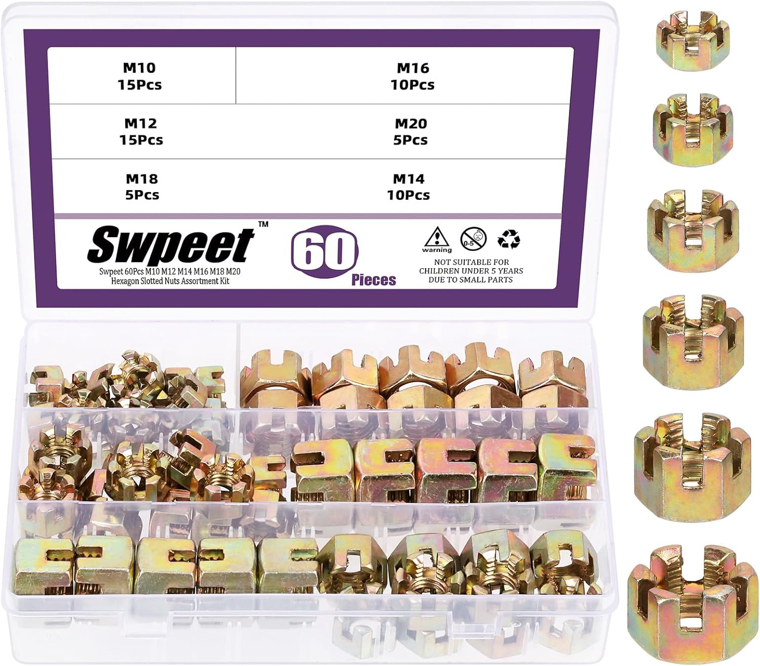 Swpeet 60Pcs 6 Sizes Color Zinc Grade 4.8 Carbon Steel M10 M12 M14 M16 M18 Hexagon Slotted Nuts Assortment Kit, Hex Castle Nuts Hex Nuts for Moto Car Furniture Fasteners Repair