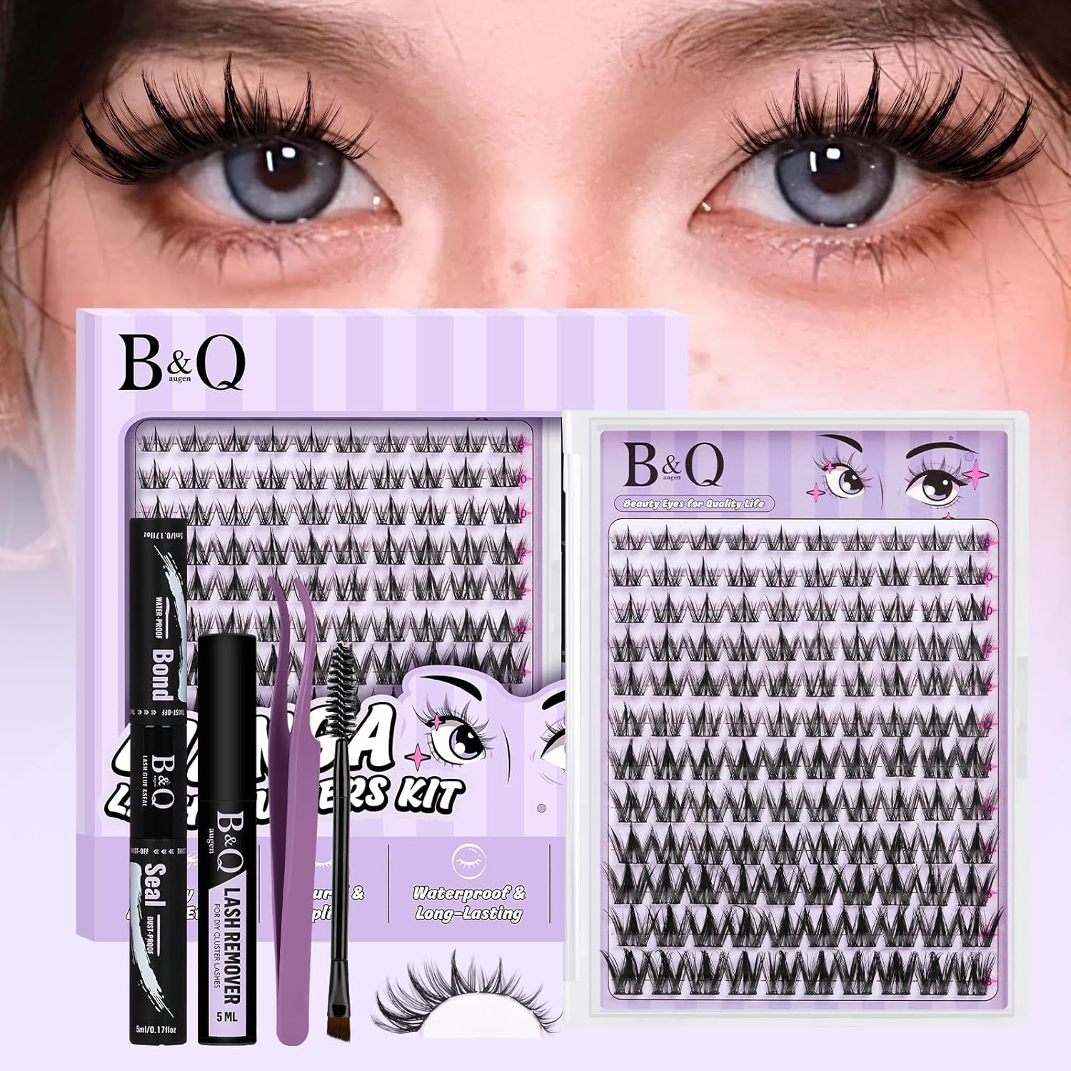 B&Q Manga Lash Clusters Kit Spiky Eyelash Clusters 8-18Mm Mixed 120Pcs Lash Extension Kit Thick Curly Feature Anime Cosplay Individual Eyelash with Thin Band Cosplay Diy at Home(Set-Anime 01)
