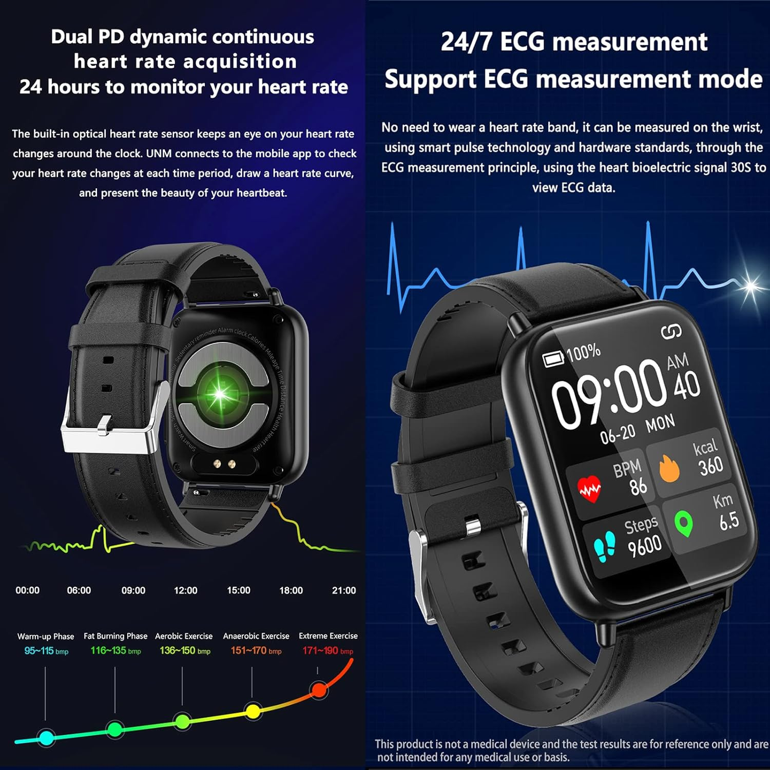 Blood Glucose Sugar Smart Watch, Fitness Trackers for Women Men, ECG Heart Rate Blood Oxygen Pressure and Activity Tracker Sleep Monitor, 9 Sports Modes Ip68 Waterproof Smartwatch,Black image number 2