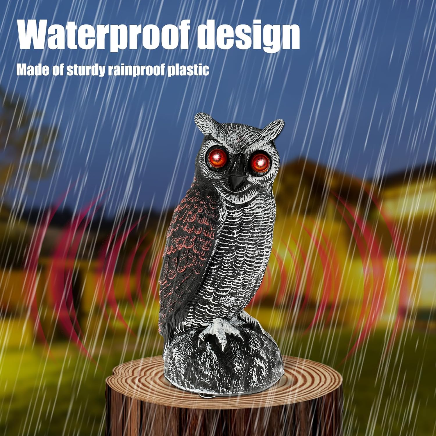 Solar Owl Decoys, Owl Bird Deterrent to Scare Birds Away with Red Flashing Eyes & Scaring Sound, 2 Working Modes Waterproof Solar Scarecrow Easy to Install to Keep Birds Away Outdoor (Set 01)