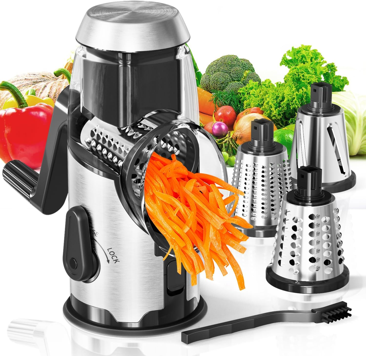 AUSELECT Cheese Grater Rotary - Hand Crank Vegetable Shredder Slicer Stainless Steel with 3 Blades, Easy to Clean Table Top Drum Grater with Anti-Slip Base Chopper Cutter for Kitchen Fruit, Nuts image number 2