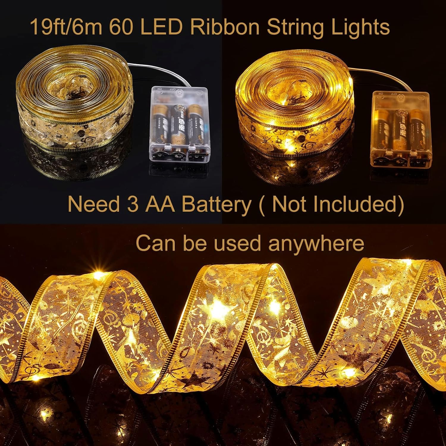 Christmas Tree Ribbon Fairy Lights, 19Ft/6M 60 LED Shining Ribbon String Lights, Waterproof Battery Operated Xmas Tree Lights for New Year Party Decorations Indoor Outdoor Ornaments (Gold 6M) image number 5