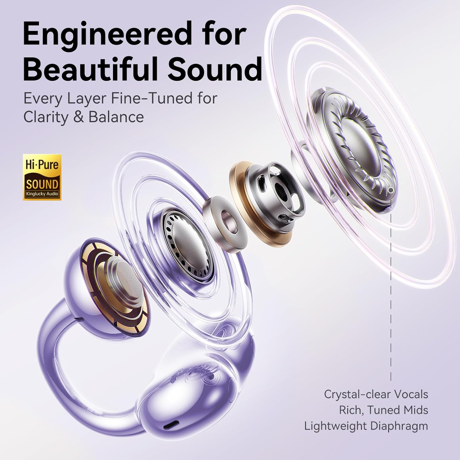 Kinglucky Clipfree Open-Ear Headphones, Butterfly-Inspired Ear-Cuff Design, Stylish & Comfortable Clip-On Ear Buds, Wireless Earbuds for Women, Long Battery Life, Great for Gifting - Purple image number 4