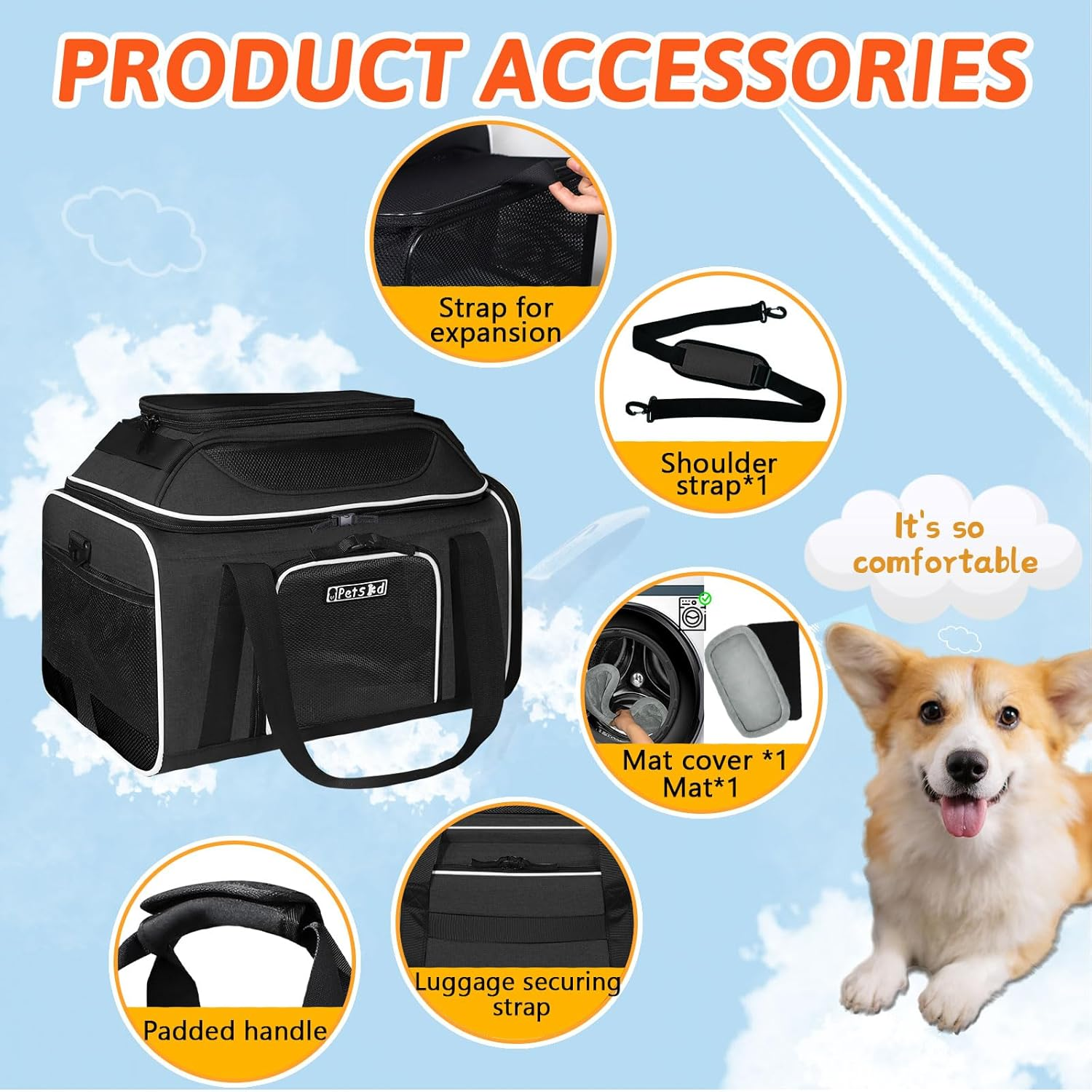 Petskd Top and Side Expandable Pet Carrier 17X11X9.5 Southwest Alaska Airline Approved, Soft Small Dog Cat Carrier for 1-10 LBS Pets with Locking Safety Zipper and Anti-Scratch Mesh(Black) image number 5