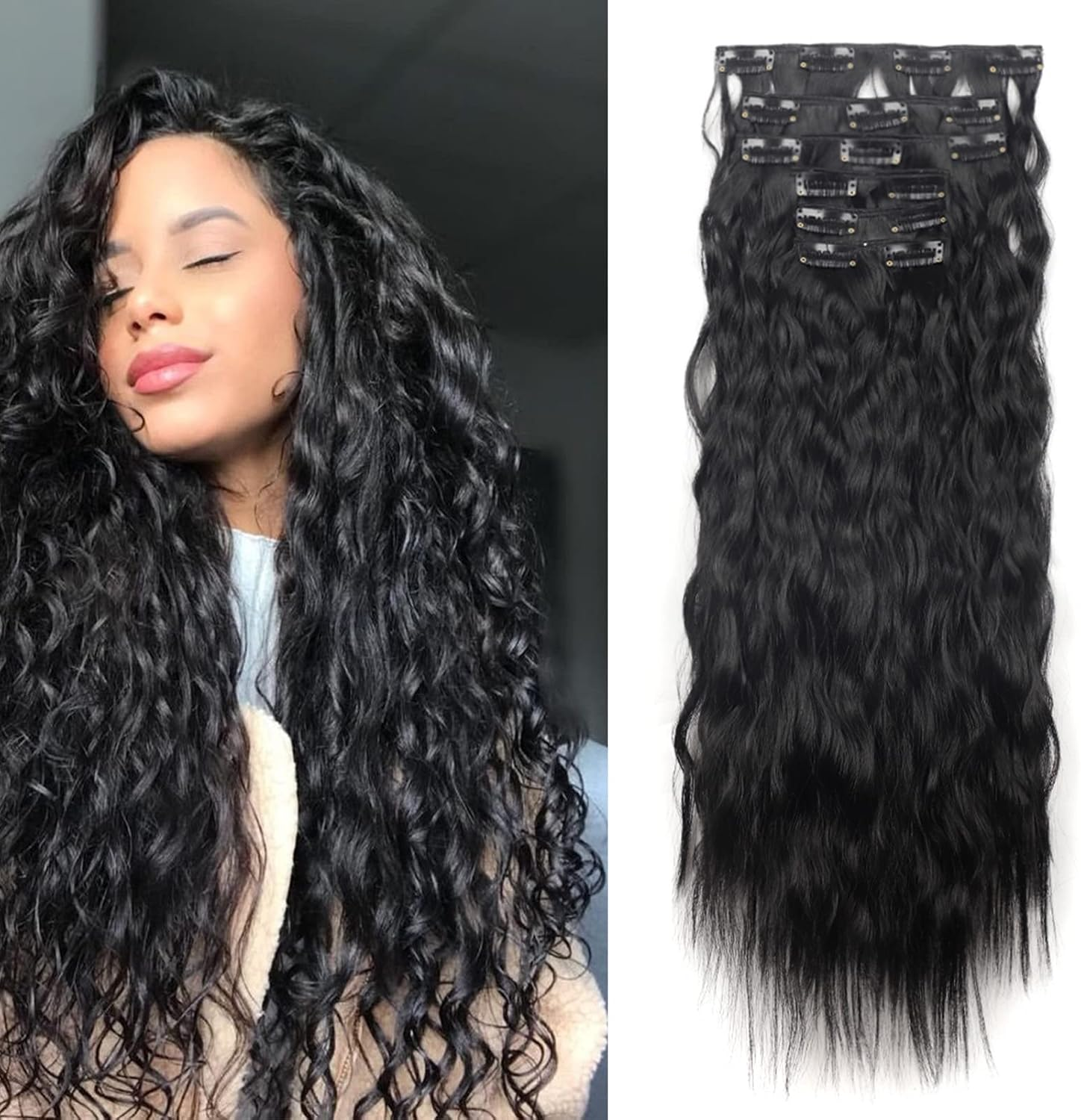 Cybelleza 50 Cm Clip-In Hair Extensions, Hairpiece like Real Hair, 6 Wefts, Wavy Cheap Hair Thickening, Curly, Wavy Curly Hair Extension, Synthetic Hair, Natural Blonde & Bleach Blonde