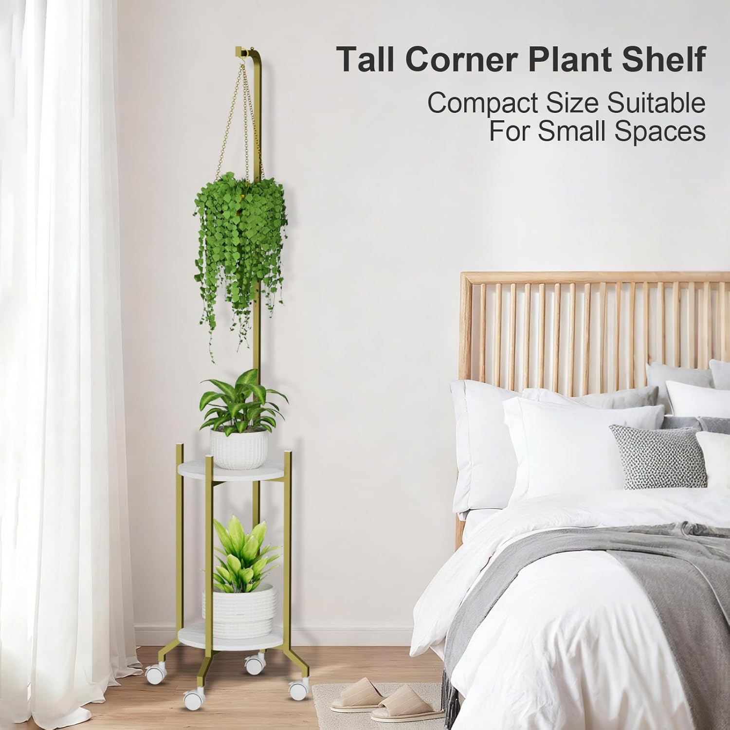 Plant Stand Indoor, 2 Tier Hanging Tall Plant Shelf with Wheels, 3 Potted Corner Flower Stand Metal Plant Holder, Plant Shelves for Living Room, Bedroom, Patio, Outdoor, Black (White-Glod) image number 6