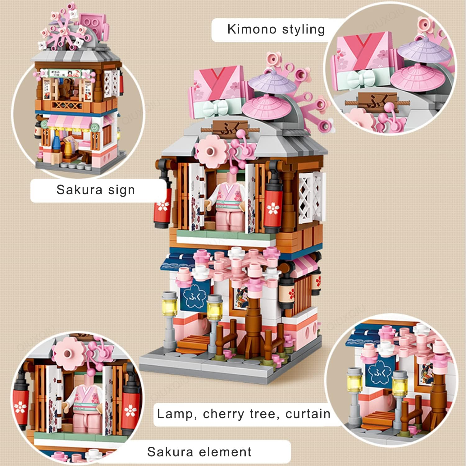 QIUXQIU Japanese Street View Kimono Store Toys, MOC Construction Creative Japan Architecture Model Set, 418 PCS Simulation Mini Building Blocks Toy for Boys Girls (Kimono Shop) image number 4