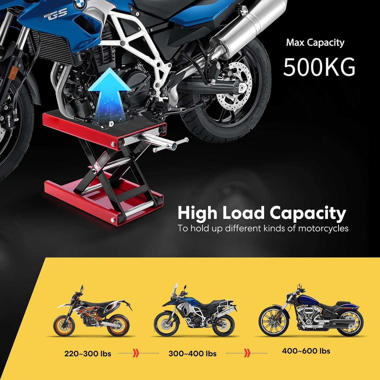 APEXORIGIN Motorcycle Lift, 500Kg Motorcycle Jack with Wide Deck & Safety Pin, 9-34Cm Center Hoist Crank Stand, Motorcycle Stand for Street Bikes, Cruiser Bikes, Touring Motorcycles (Red) image number 5