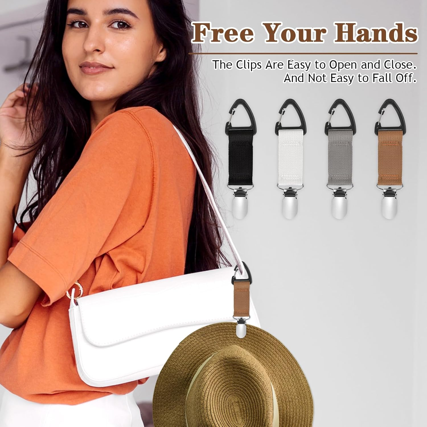 Mabor 4Pcs Hat Clips for Travel on Bag,Hat Clip,Hands-Free Quick Access & Removal,Travel Accessories,Outdoor Bags, Backpacks, Purses,Beach Hat Totes for Women Girls Beach, Black, White, Khaki, Silver