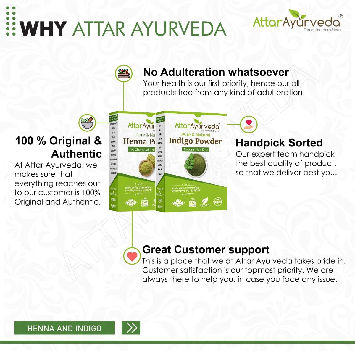 Attar Ayurveda Natural Dye for Black Hair (Henna Leaves Powder| Indigo Leaves Powder Combo Pack) (200 Grams + 200 Grams = 400 Grams Total) - 14 Ounce Pack 2 image number 3