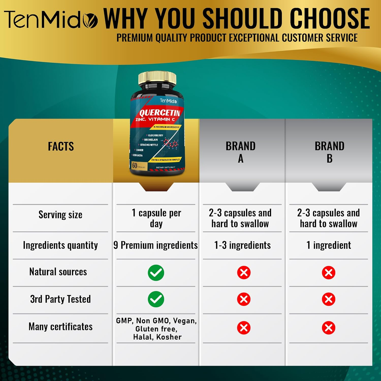 Quercetin Extract Capsules with Vit C, Elderberry, Bromelain, Ginger, Echinacea, Pepper - 60 Capsules, 2 Months Supply